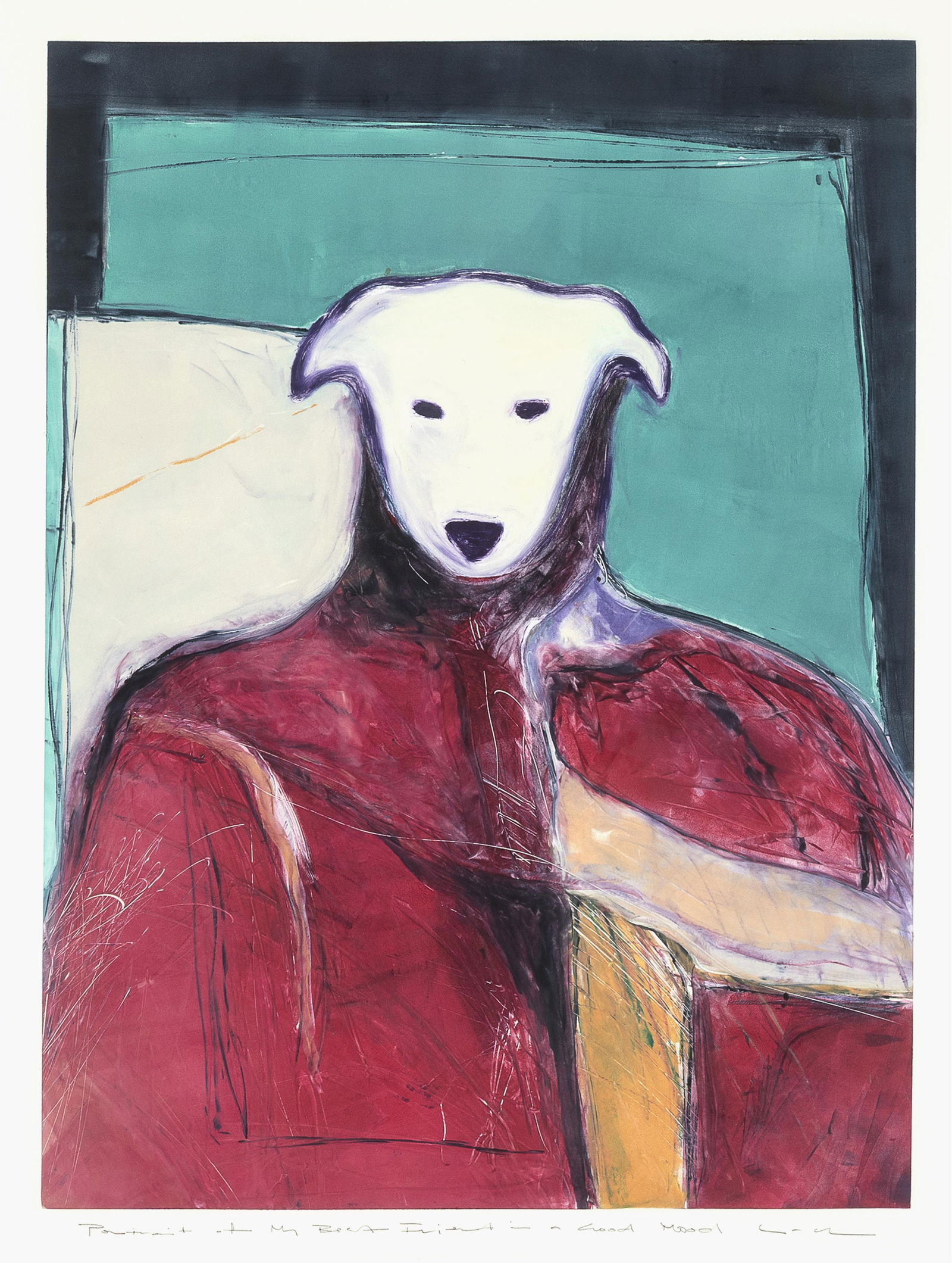 Rhett Lynch, Portrait of My Best Friend in a Good Mood: Rhett Lynch b. 1960 Portrait of My Best Friend in a Good Mood monotype titled and signed lower margin: Portrait of my Best Friend in a Good Mood [artist's signature] 23 3/8 x 17 1/4 in. (59.4 x 43.8