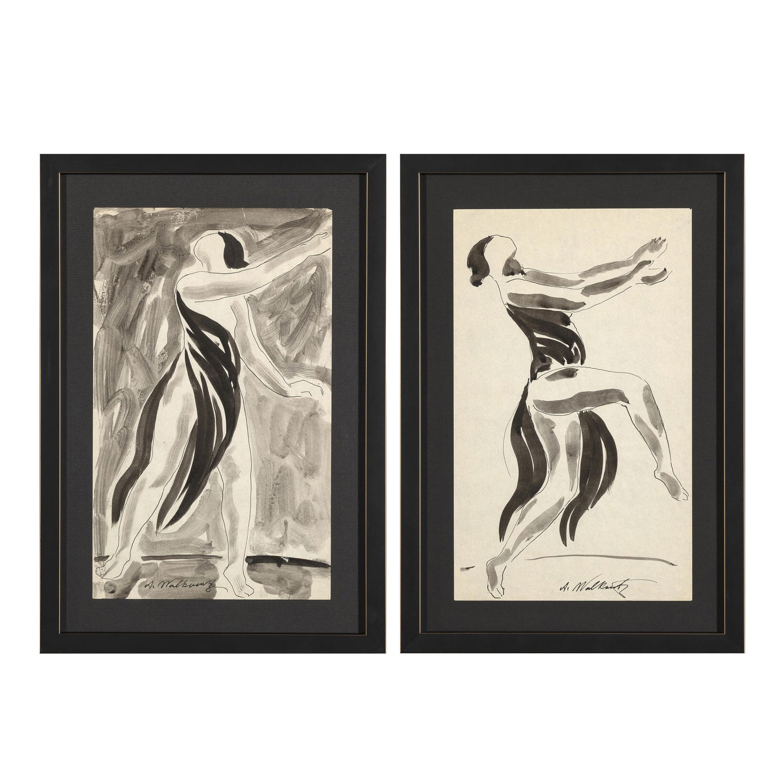 Abraham Walkowitz, Pair of Works: Isadora Duncan Dancing: Abraham Walkowitz 1878 - 1965 Pair of Works: Isadora Duncan Dancing pen, ink on paper right figure signed lower right: A. Walkowitz left figure signed lower left: A. Walkowitz each: 13 7/8 x 8 3/8