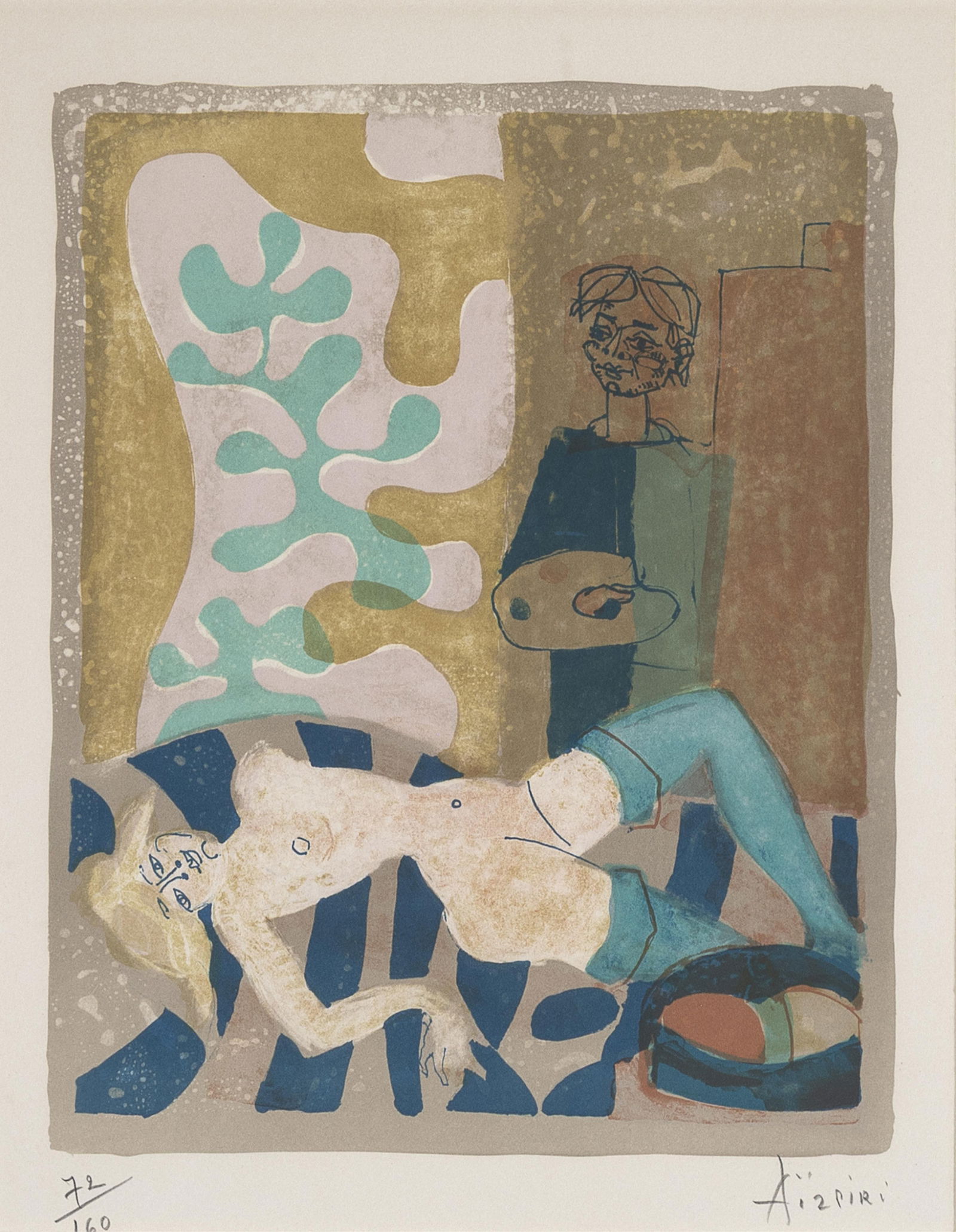 Paul Augustin Aizpiri, Untitled (Artist and Figure Model): Paul Augustin Aizpiri French, 1919 - 2016 Untitled (Artist and Figure Model) lithograph, edition 72 of 160 editioned lower left: 72/160 signed lower right: Aizpiri 16 x 12 3/4 in. (40.6 x 32.4 cm.),
