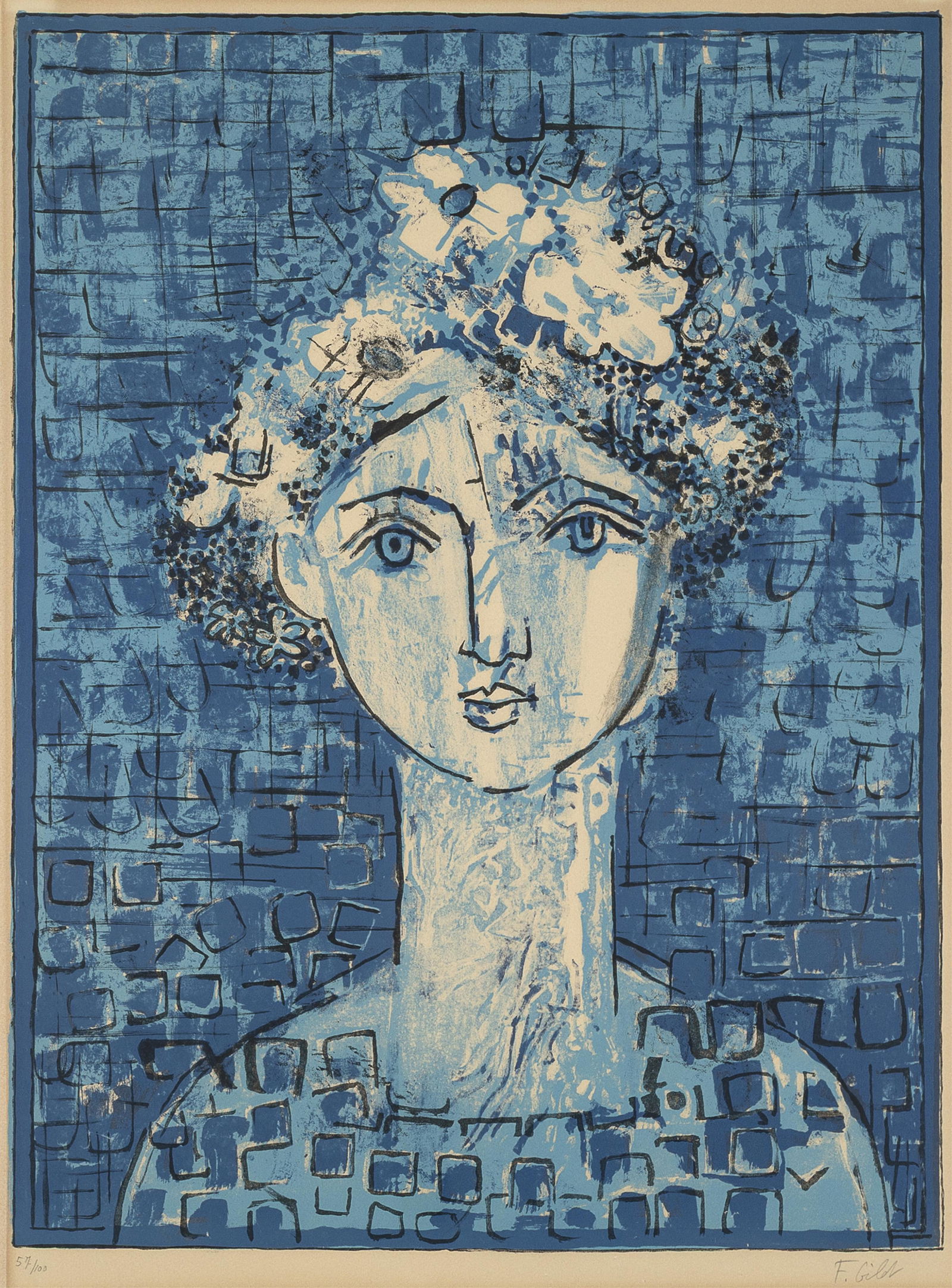 Françoise Gilot, Flora, 1965: Françoise GilotFrench, 1921 - 2023Flora, 1965lithograph, edition 57 of 100editioned lower left: 57/100signed lower right: F. Gilot26 1/4 x 19 3/8 in. (66.7 x 49.2 cm.), frame: 33 1/2 x 26 3/8 x 1 1/4