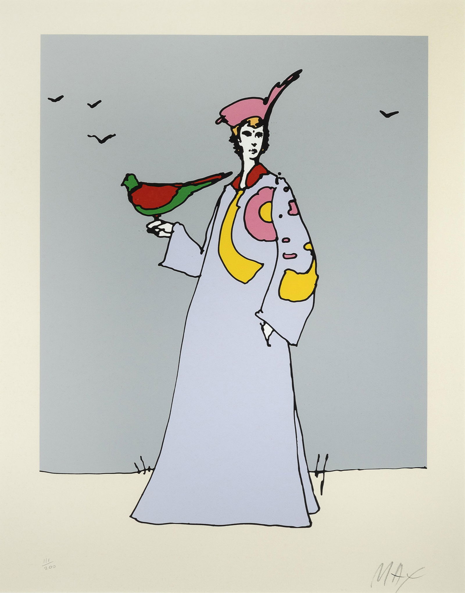 Peter Max, Purple Woman with Bird, 1978: Peter Max German, b. 1937 Purple Woman with Bird, 1978 serigraph, edition 111 of 200 editioned lower left: 111/200 signed lower right: MAX 34 1/2 x 27 1/4 in. (87.6 x 69.2 cm.), frame: 39 1/2 x 32