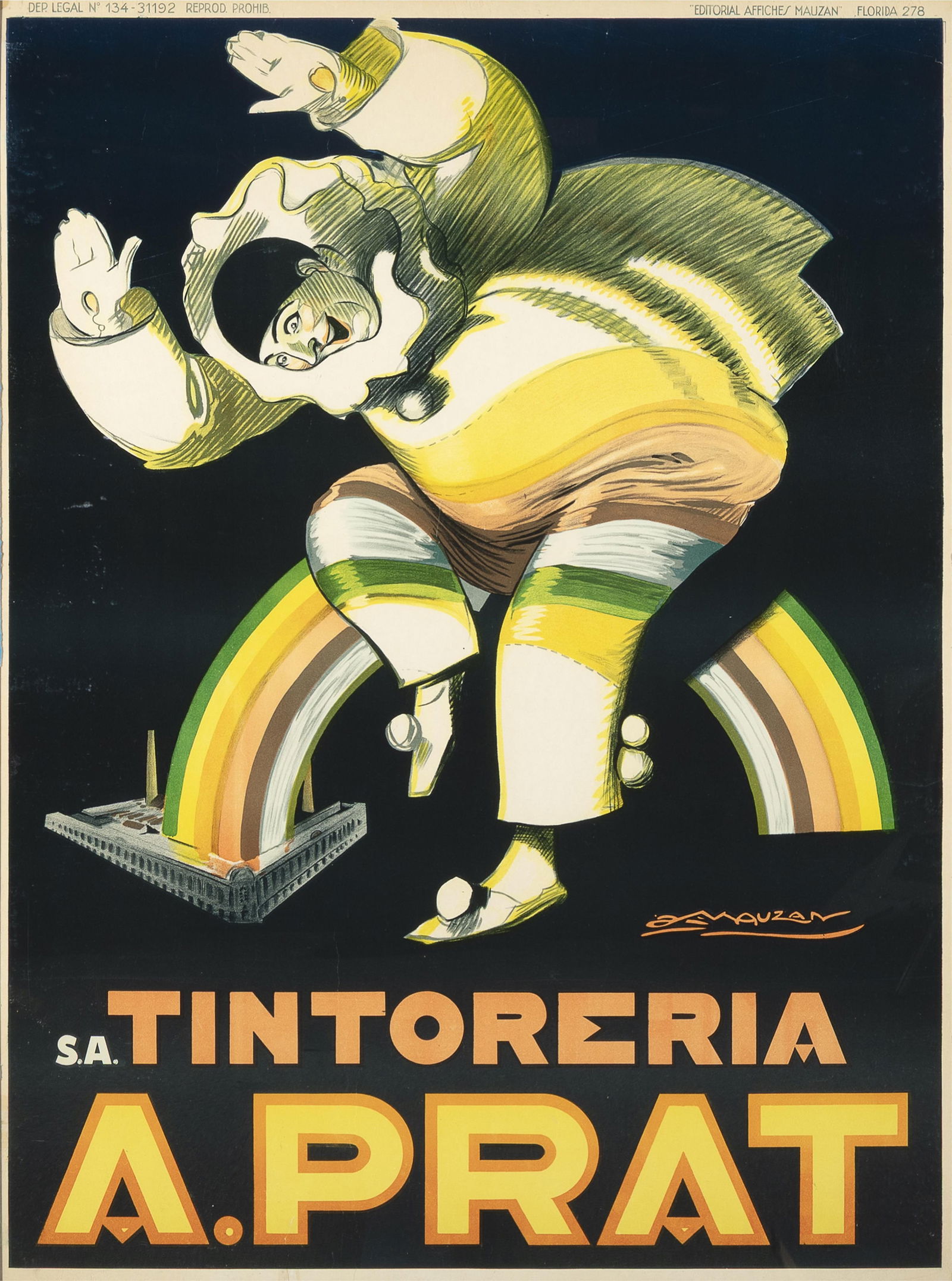 Achille Luciano Mauzan, S.A. Tintorería A. Prat (Laundromat Advertisement Poster), 1927: Achille Luciano Mauzan French, 1883 - 1952 S.A. Tintorería A. Prat (Laundromat Advertisement Poster), 1927 lithograph printed lower right: MAUZAN 50 1/4 x 36 1/8 in. (127.6 x 91.8 cm.), frame: 51