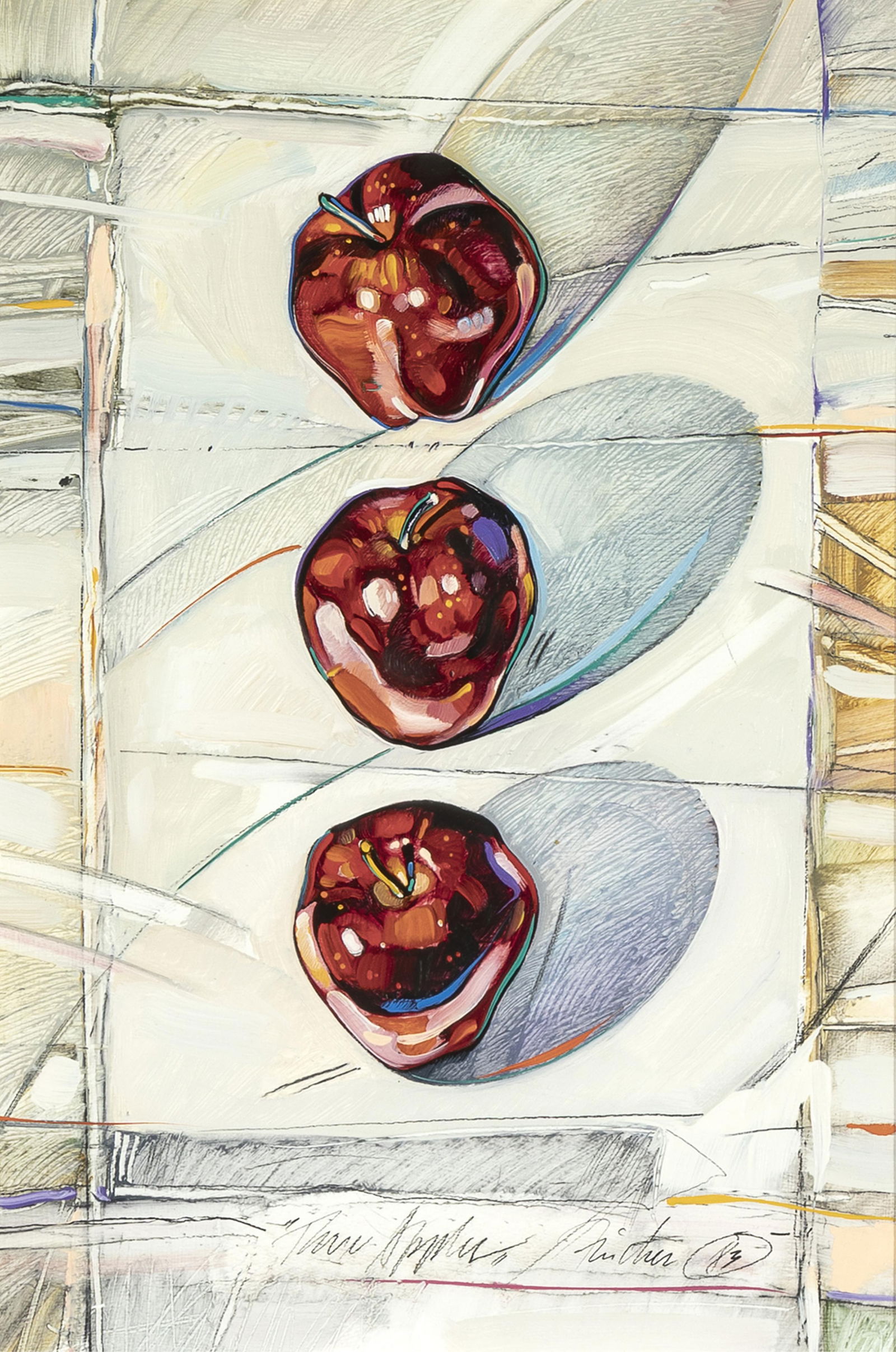 John H. Fincher, Three Apples, 1983: John H. Fincher 1941 - 2024 Three Apples, 1983 oil, graphite titled lower center: Three Apples signed lower right: Fincher 83 20 1/2 x 13 5/8 in. (52.1 x 34.6 cm.), frame: 34 1/4 x 26 1/4 x 1 3/8 in.