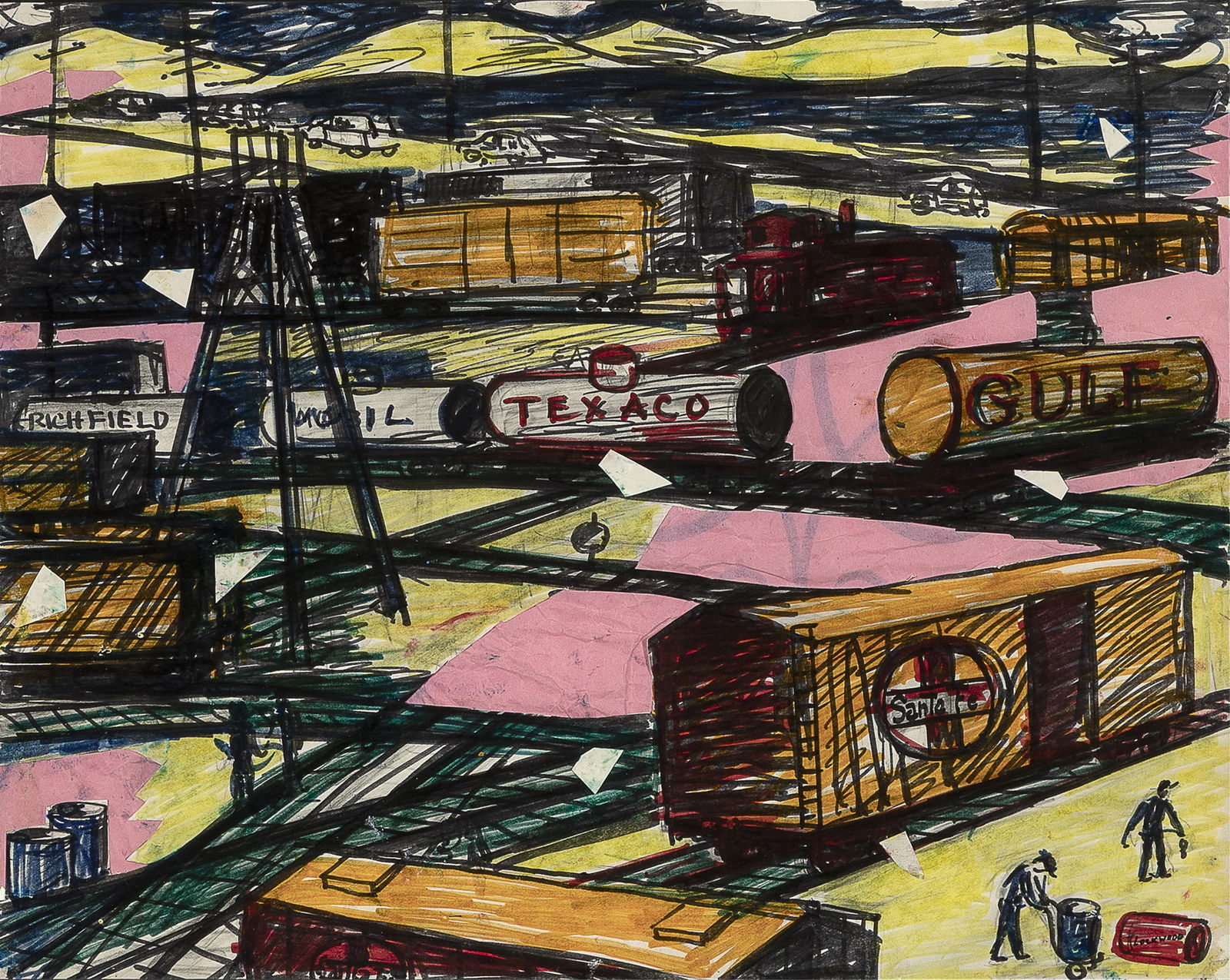 Ward Lockwood, Make Your Move, Mister (Railyard Scene): Ward Lockwood 1894 - 1963 Make Your Move, Mister (Railyard Scene) colored pen with collage on paper signed lower right: LOCKWOOD inscribed verso: "make / your / move, / mister" / Mar/april / pg: