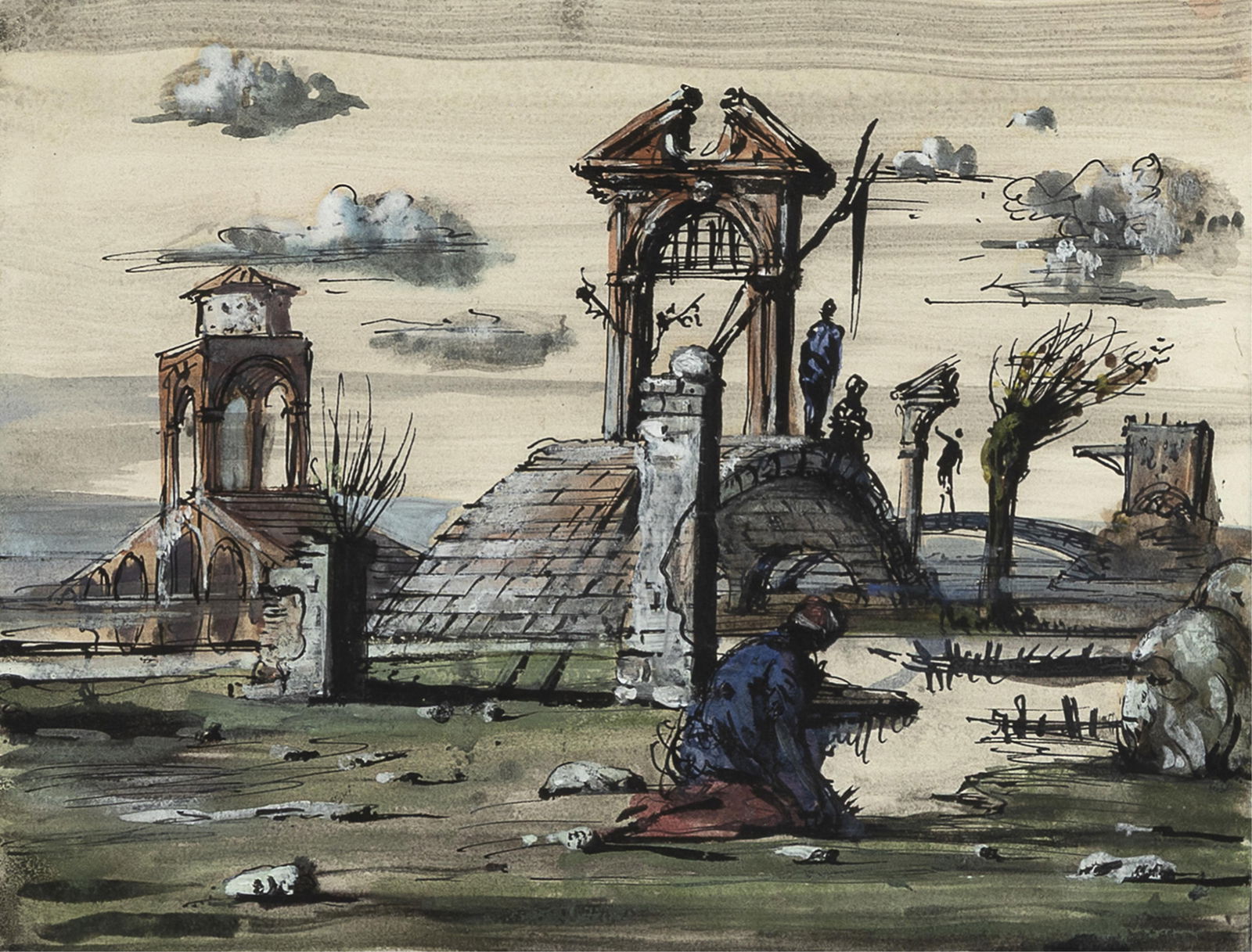 Attributed to [Eugene Berman], Untitled (Set Design), ca. 1940: Attributed to [Eugene] [Berman] 1899 - 1972 Untitled (Set Design), ca. 1940 watercolor, ink, gouache on paper 8 3/8 x 11 1/8 in. (21.3 x 28.3 cm.), frame: 15 1/8 x 21 3/4 x 0 1/2 in. (38.4 x 55.2 x