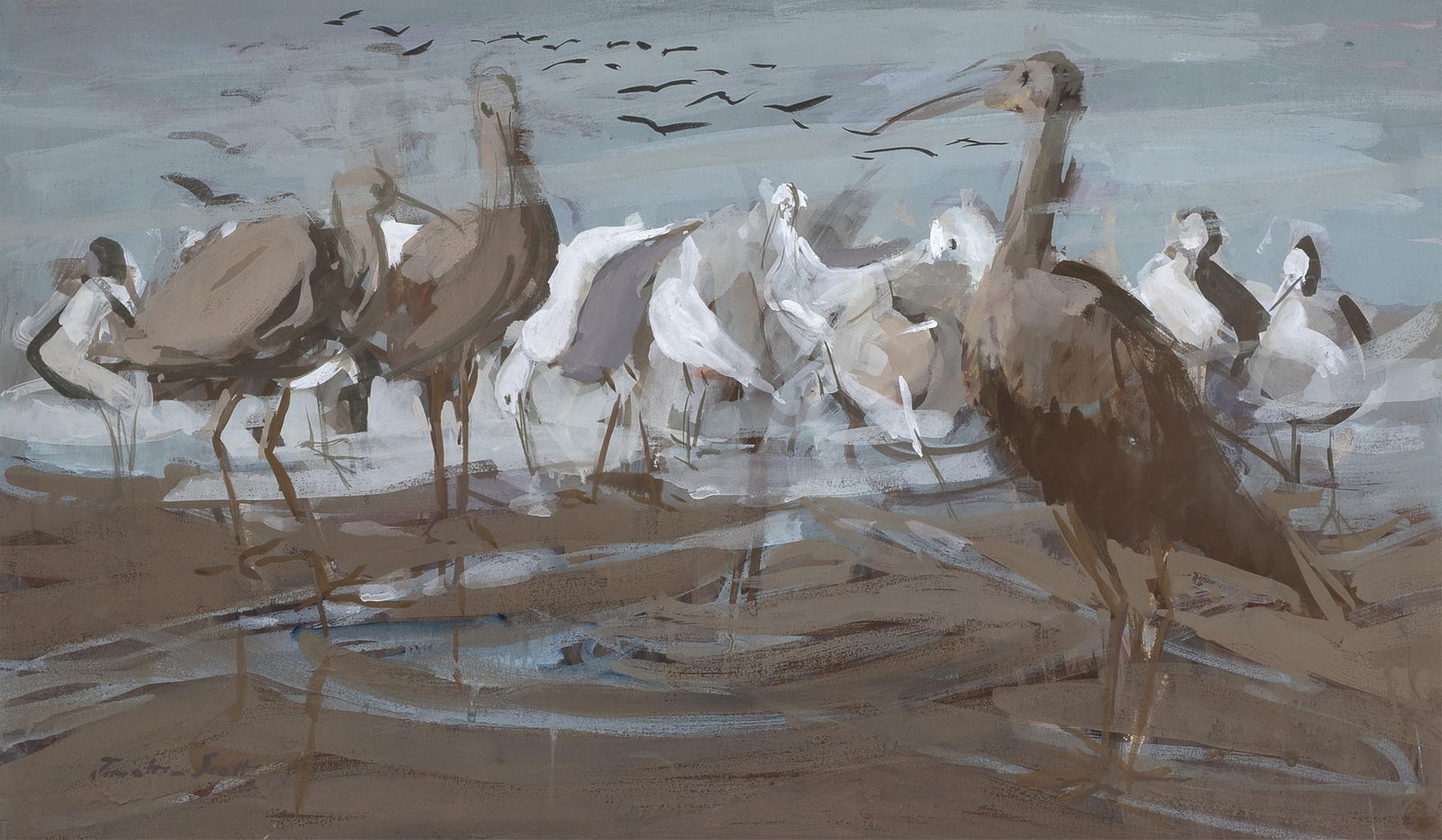 Jonathan Hartley Folliott Scott, Marsh Birds, 1961: Jonathan Hartley Folliott Scott 1914 - 1995 Marsh Birds, 1961 casein on paper signed lower left: Jonathan Scott 17 1/4 x 29 1/4 in. (43.8 x 74.3 cm.), frame: 23 1/4 x 35 1/4 x 1 in. (59.1 x 89.5 x