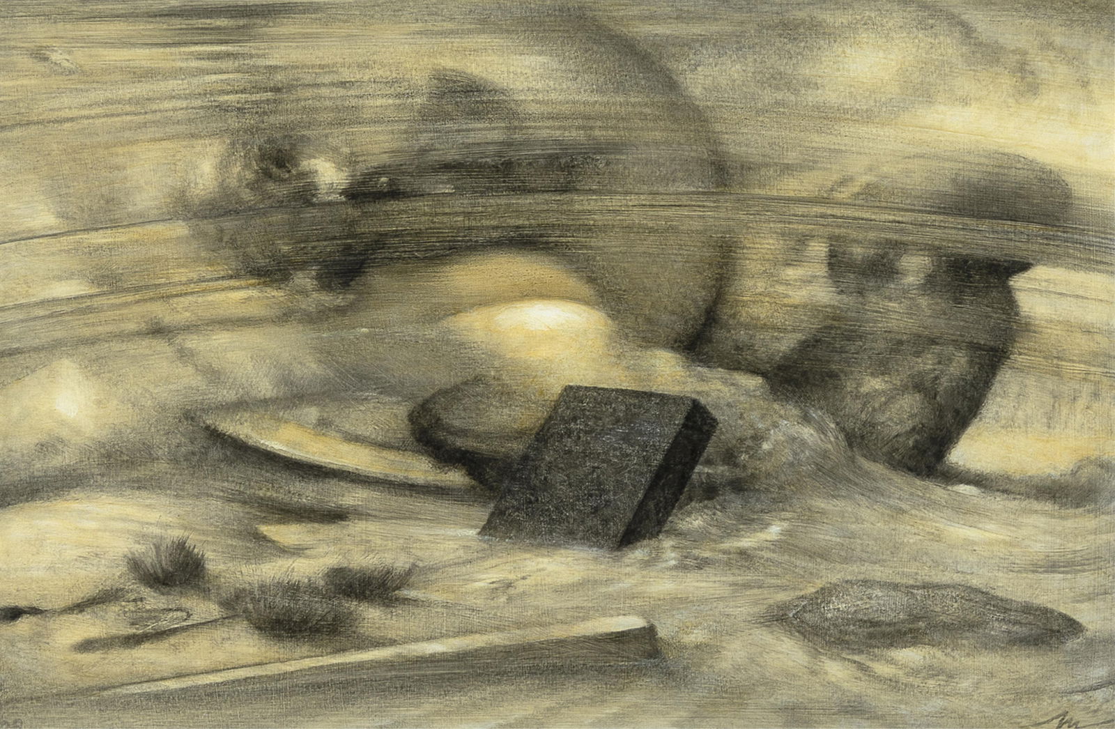 Mark Spencer, Tides, 2009: Mark Spencer b. 1949 Tides, 2009 oil on gessoed paper initialed lower right: M 9 3/4 x 14 3/4 in. (24.8 x 37.5 cm.), frame: 18 1/4 x 23 1/8 x 1 1/4 in. (46.4 x 58.7 x 3.2 cm.) Private Collection,