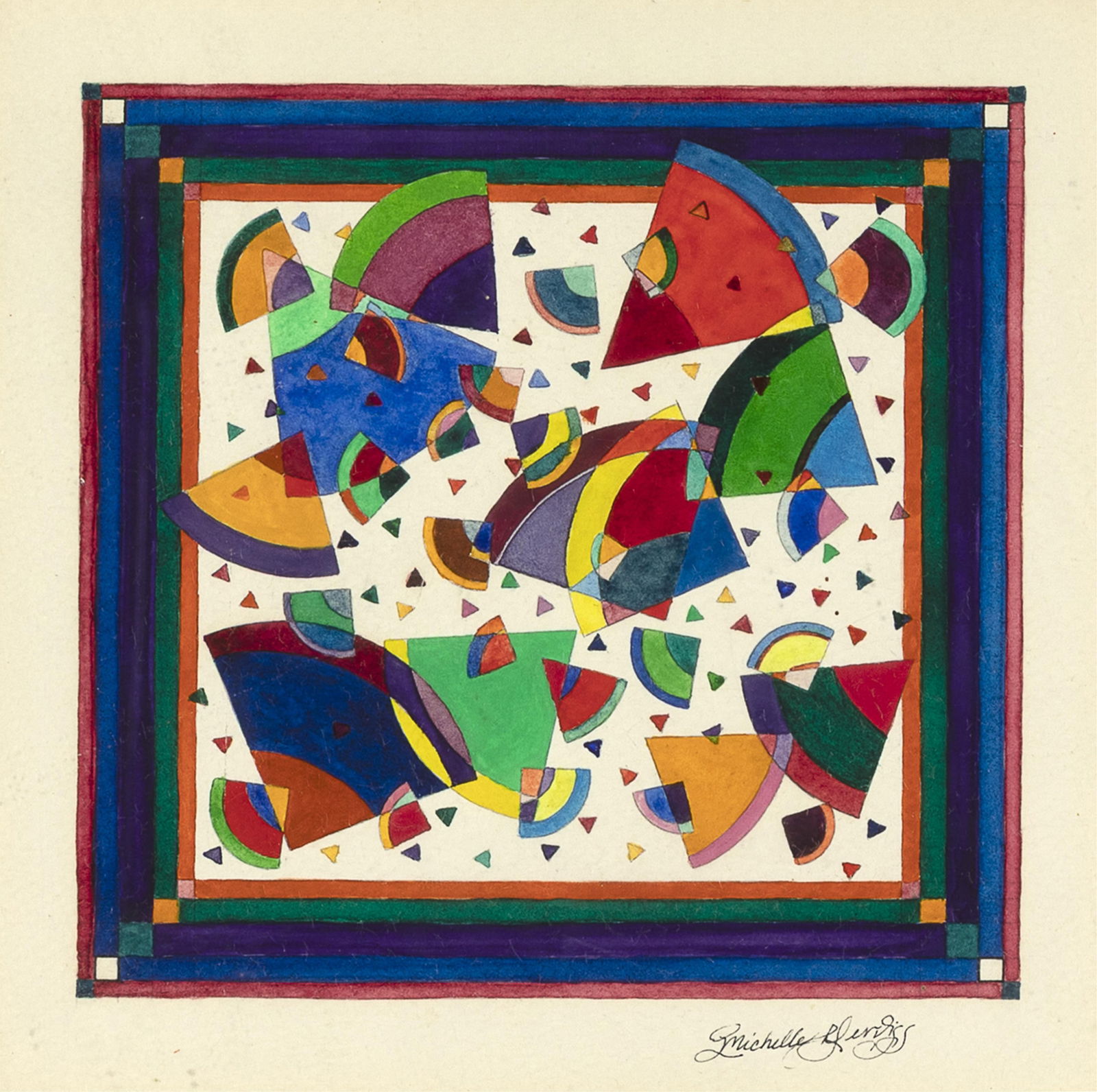 Michelle Derviss, Untitled (abstract triangles): Michelle Derviss20th CenturyUntitled (abstract triangles)watercolorsigned lower right: Michelle Derviss7 x 7 in. (17.8 x 17.8 cm.), sight: 8 1/2 x 8 1/2 in. (21.6 x 21.6 cm.), frame: 17.16 x 17.16 x 3