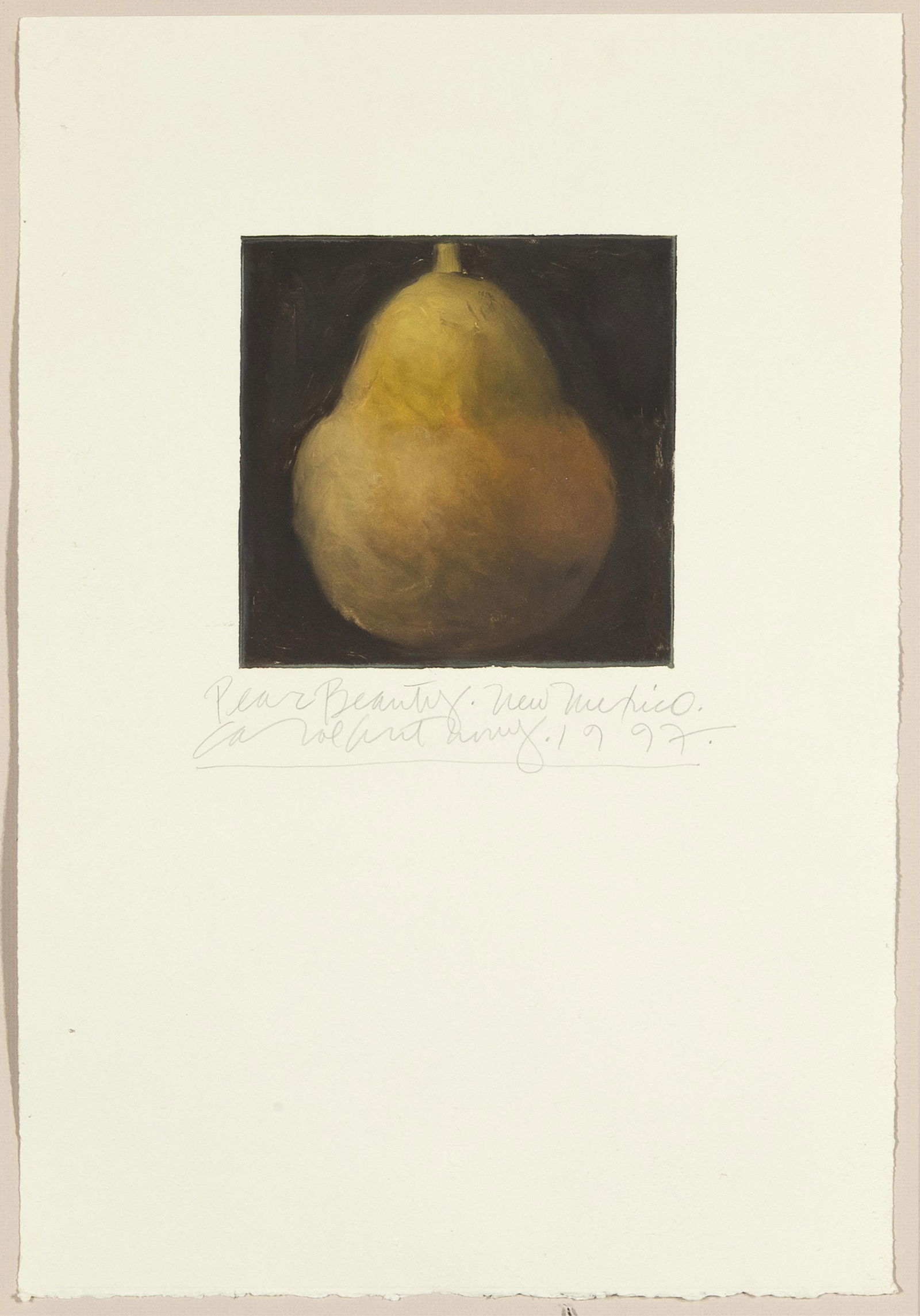 Carol Anthony, Pear Beauty, New Mexico, 1997: Carol Anthony b. 1943 Pear Beauty, New Mexico, 1997 monoprint titled, signed, and dated lower margin: Pear Beauty. New Mexico. / Carol Anthony. 1997. 7 3/8 x 7 3/8 in. (18.7 x 18.7 cm.), sheet: 22 x