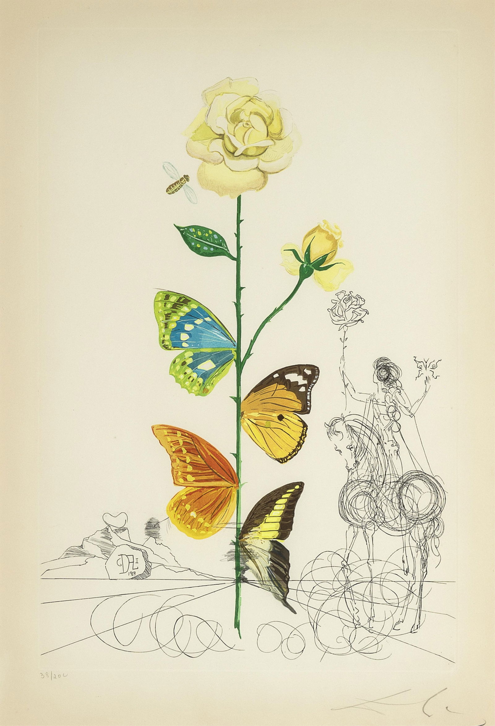 Salvador Dali, Rosa Papillo, from Flora Dallinae, 1968: Salvador Dali Spanish, 1904 - 1989 Rosa Papillo, from Flora Dallinae, 1968 etching, drypoint, pochoir in colors, edition 38 of 200 signed in the plate lower left: DALI 1967 editioned lower left: