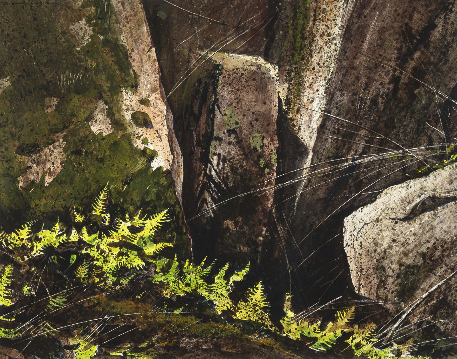 Woody Gwyn, Untitled (Landscape with Ferns): Woody Gwyn b. 1944 Untitled (Landscape with Ferns) watercolor, gouache on paper signed upper left: Woody Gwyn 17 1/2 x 21 3/4 in. (44.5 x 55.2 cm.), frame: 23 1/2 x 28 x 1 1/2 in. (59.7 x 71.1 x 3.8