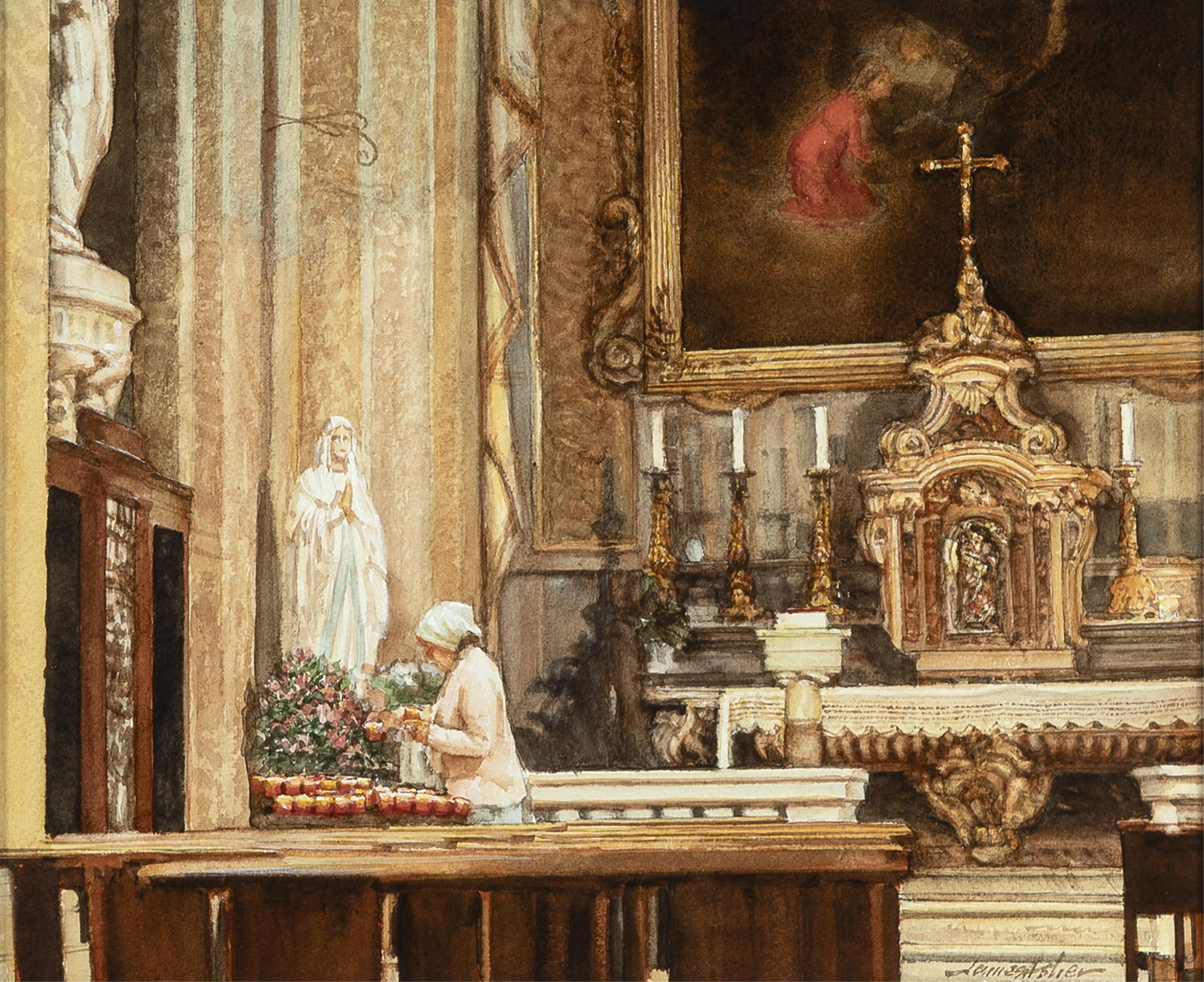 James Asher, Cathedral at Grasse: James Asher b. 1944 Cathedral at Grasse watercolor on paper signed lower right: JamEs AshEr 11 1/2 x 14 in. (29.2 x 35.6 cm.), frame: 21 1/4 x 23 5/8 x 1 3/8 in. (54 x 60 x 3.5 cm.) Private