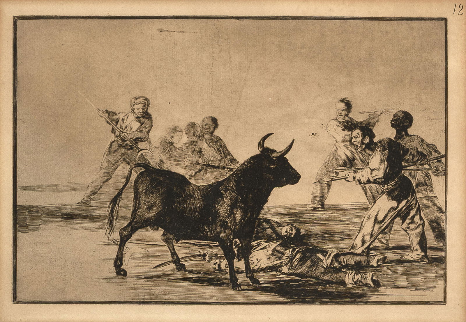 Francisco Goya, La Populace Coupant Les Jarrets d'un Taureau Avec des Lances, des Demi-Lunes, des: Francisco Goya Spanish, 1746 - 1828 La Populace Coupant Les Jarrets d'un Taureau Avec des Lances, des Demi-Lunes, des Banderilles, et Autres Armes, ca. 1865 etching, aquatint in the plate upper left: