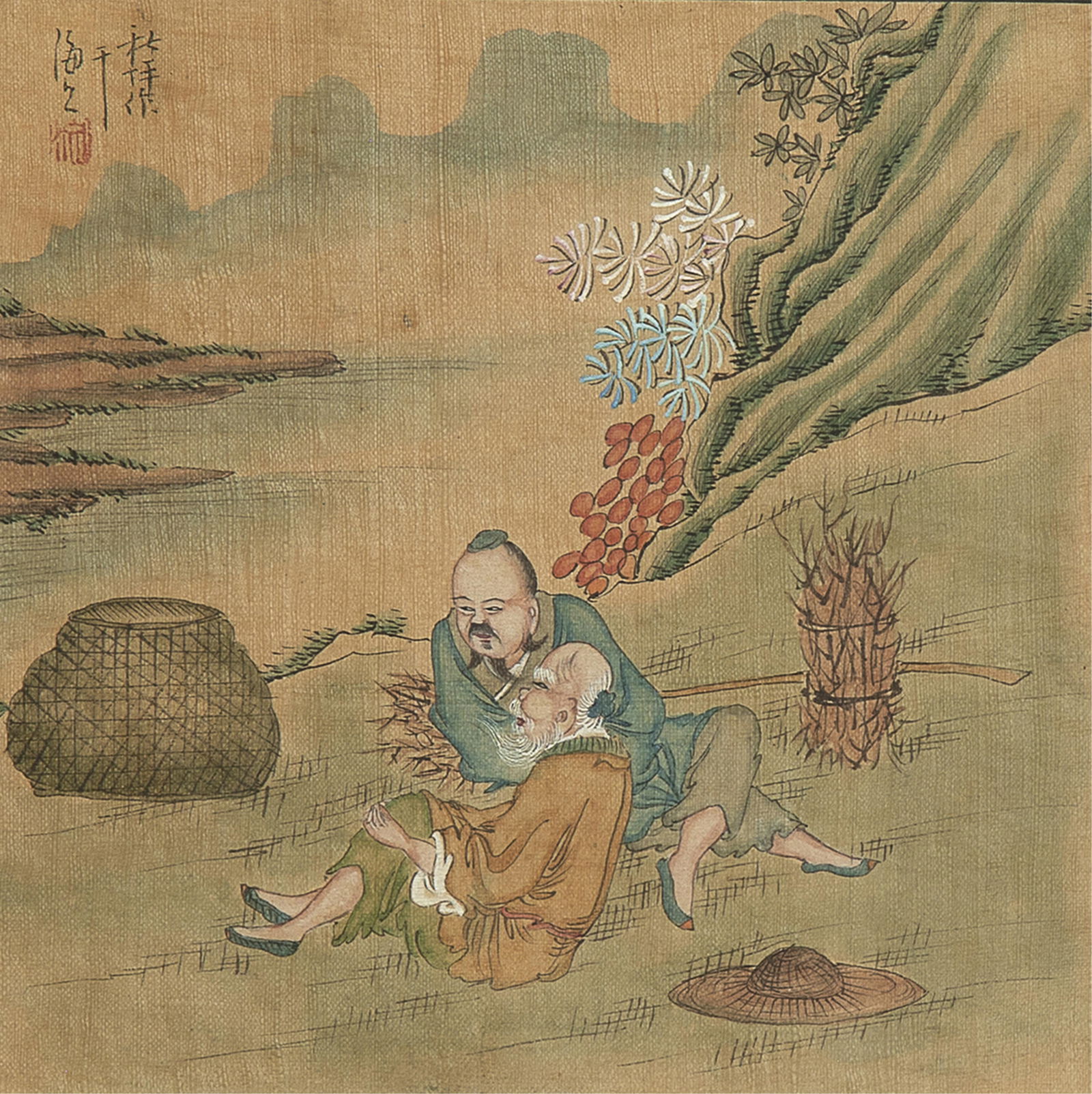 Unknown Artist, Two Men Fishing: Unknown Artist Two Men Fishing watercolor, ink on paper signed upper left 6 1/8 x 6 1/8 in. (15.6 x 15.6 cm.), frame: 11 5/8 x 10 5/8 x 1/2 in. (29.5 x 27 x 1.3 cm.) Private Collection, New Mexico