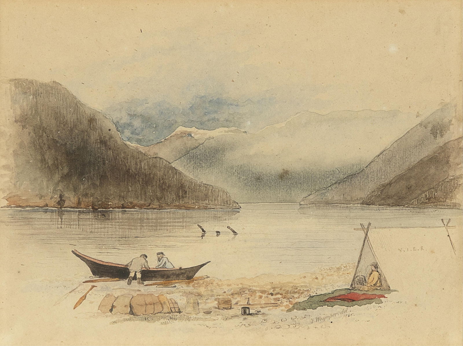 Frederick Whymper, Vancouver Island, 1865: Frederick Whymper 1838 - 1901 Vancouver Island, 1865 watercolor on Japanese paper mounted to board signed and dated lower right: F. Whymper. Del. / 1865- 6 1/2 x 8 3/4 in. (16.5 x 22.2 cm.), frame: