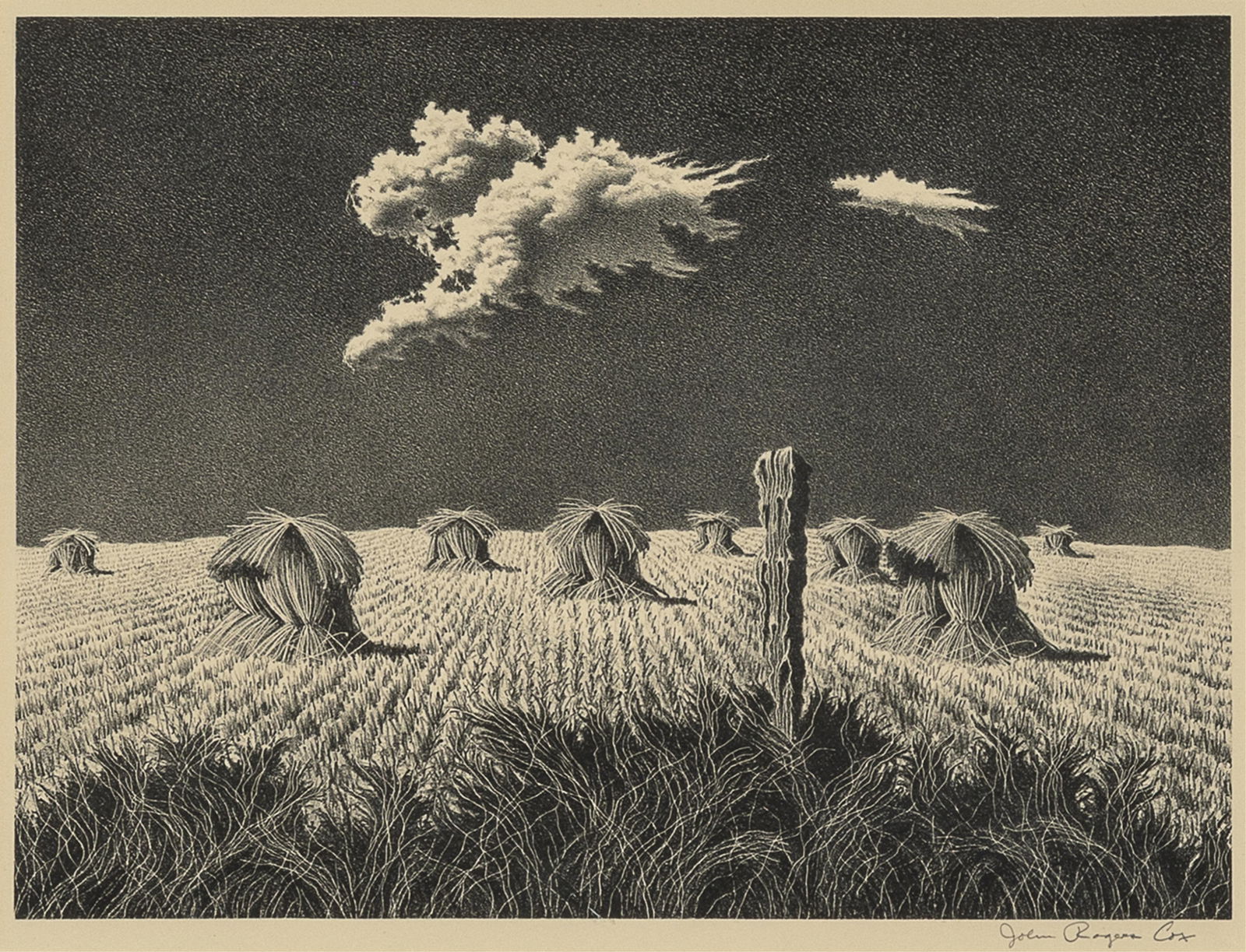 John Rogers Cox, Wheat Shocks, 1951: John Rogers Cox1915 - 1990Wheat Shocks, 1951lithographsigned lower right: John Rogers Cox8 3/4 x 11 3/4 in. (22.2 x 29.8 cm.), sight: 9 1/4 x 12 1/4 in. (23.5 x 31.1 cm.), frame: 19 1/2 x 22 x 3/4 in.
