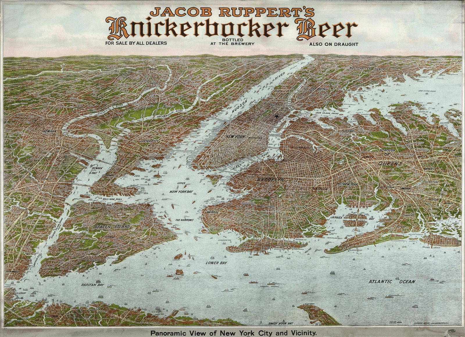 Jacob Ruppert / Knickerbocker Beer: Panoramic View Of New York City And Vicinity Map, 1912: Jacob Ruppert / Knickerbocker Beer: Panoramic View Of New York City And Vicinity Map, 1912lithograph on original linen backingchromolithographed birds-eye view map of New York Bay, the five City borou