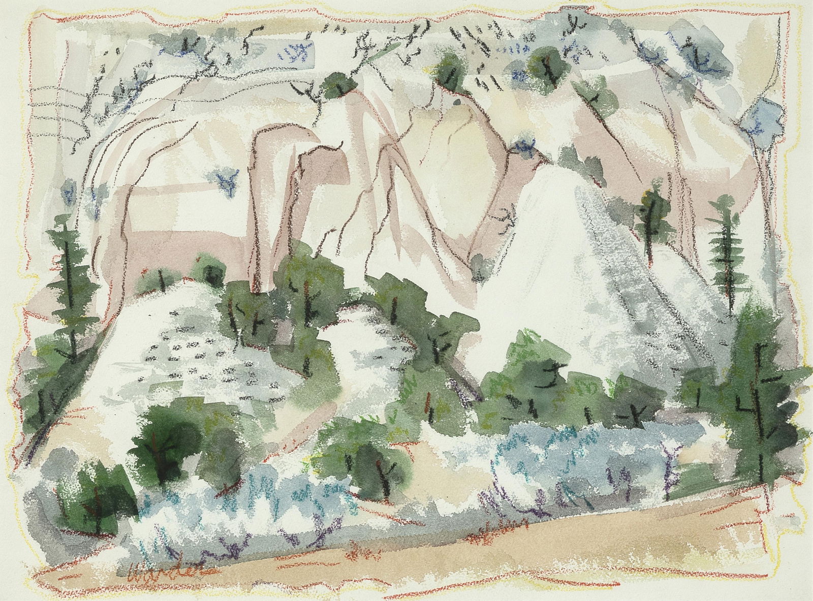 William Warder, At Echo Amphitheater, North of Abiquiu, 1978: William Warder1920 - 1999At Echo Amphitheater, North of Abiquiu, 1978watercolor, crayon on papersigned lower left: Warder17 3/4 x 23 1/2 in. (45.1 x 59.7 cm.), frame: 25 1/2 x 31 1/2 x 1 1/4 in. (64.8
