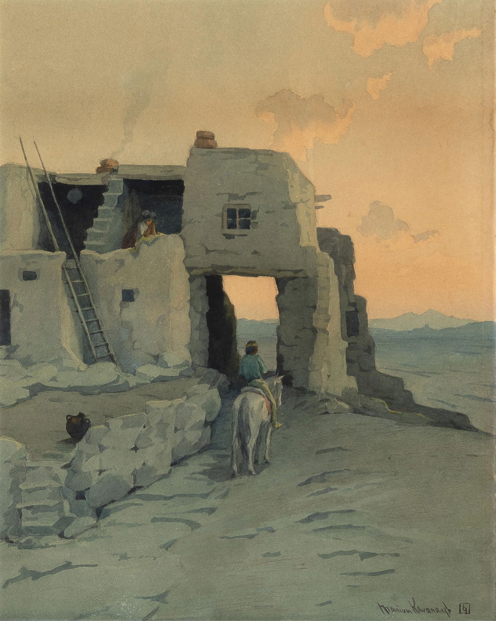 Marion Kavanagh Wachtel, Evening, Pueblo of Walpi, 1910: Marion Kavanaugh Wachtel1870 - 1954Evening, Pueblo of Walpi, 1910watercolorsigned lower right: Marion Kavanagh [artist's cipher]19 1/8 x 15 3/8 in. (48.6 x 39.1 cm.), frame: 27 3/4 x 24 x 2 in. (70.5
