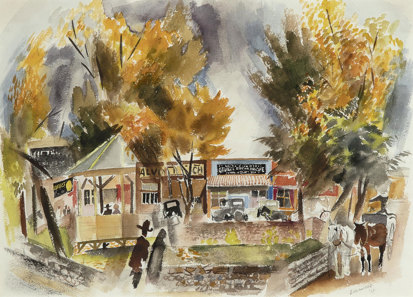 Ward Lockwood, Taos Plaza, Fall Day, 1929: Ward Lockwood1894 - 1963Taos Plaza, Fall Day, 1929watercolor on papersigned and dated lower right: LOCKWOOD / '2913 x 19 in. (33 x 48.3 cm.), frame: 22 x 27 1/2 x 7/8 in. (55.9 x 69.9 x 2.2 cm.)