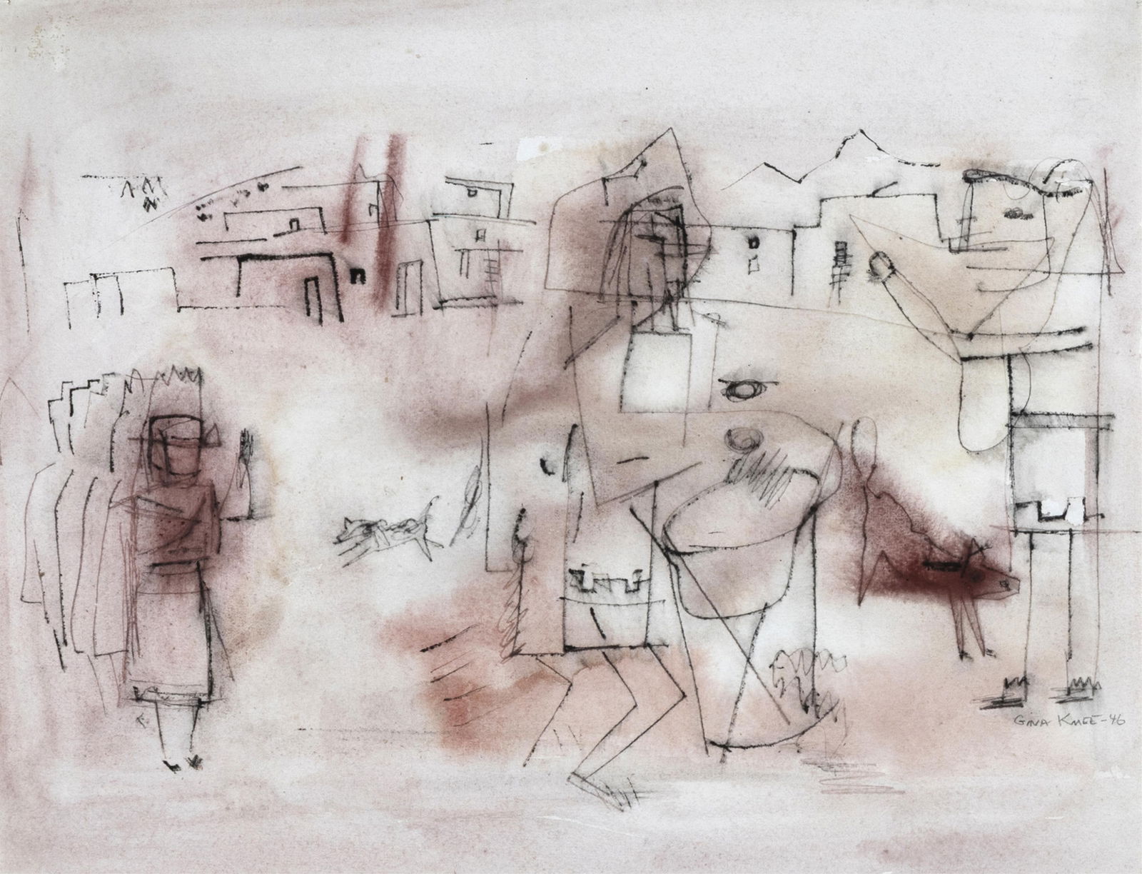 Gina Brook Knee, Untitled (Pueblo Scene), 1946: Gina Brook Knee1898 - 1982Untitled (Pueblo Scene), 1946ink, pastel, watercolor on papersigned and dated lower right: Gina Knee-46sheet: 13 1/4 x 17 1/8 in. (33.7 x 43.5 cm.), frame: 18 3/4 x 22 x 1 1/