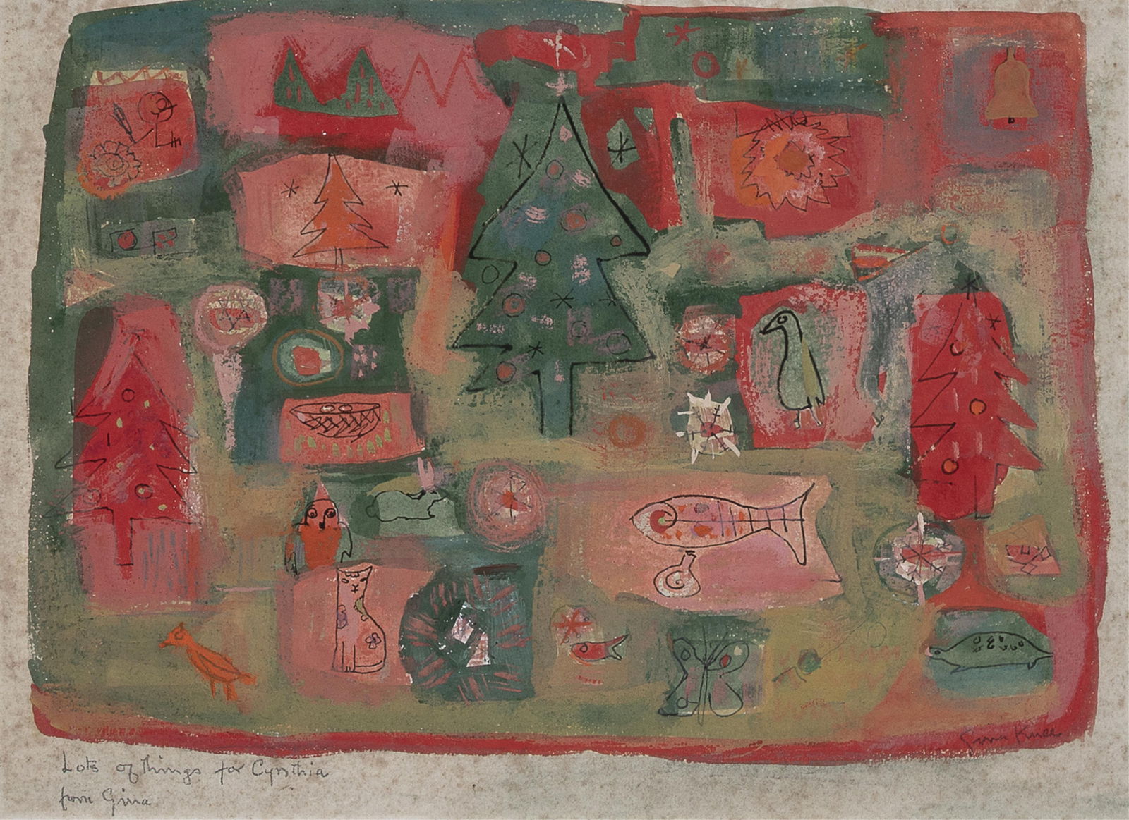 Gina Brook Knee, Lots of Things For Cynthia: Gina Brook Knee1898 - 1982Lots of Things For Cynthiagouache, ink on papertitled and inscribed lower left: Lots of Things for Cynthia / from Ginasigned lower right: Gina Knee9 3/8 x 12 7/8 in. (23.8 x