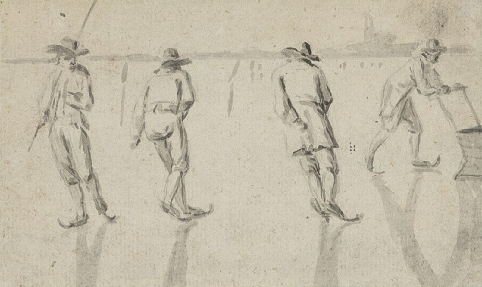 Willem (The Younger) van de Velde II, 1633-1707, European Ice Skaters: Willem (The Younger) van de Velde IIDutch, 1633 - 1707European Ice Skaterspen, ink, graphite on toned laid paperinscribed on mount verso: W. Van de Velde IIinscribed verso (Harvard inventory number):