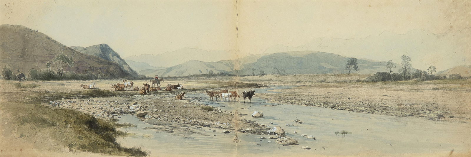 Hermann Ottomar Herzog, Herd at Rest, 1871: Hermann Ottomar Herzog1831 - 1932Herd at Rest, 1871watercolor on paperfrom the artist's sketchbook6 3/8 x 19 3/4 in. (16.2 x 50.2 cm.), frame: 14 1/2 x 27 3/4 x 1 in. (36.8 x 70.5 x 2.5 cm.) Pri