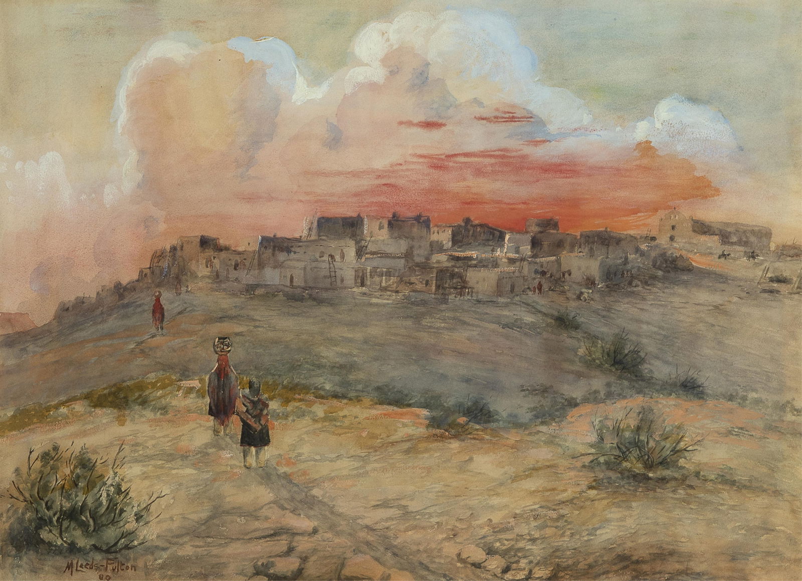 Mary Leeds-Fulton, Laguna Indian Pueblo, 1909: Mary Leeds-Fulton1869 - 1922Laguna Indian Pueblo, 1909watercolorsigned and dated lower left: M Leeds-Fulton '0917 x 23 3/8 in. (43.2 x 59.4 cm.), frame: 26 1/8 x 32 1/4 x 1 in. (66.4 x 81.9 x 2.5 cm.)