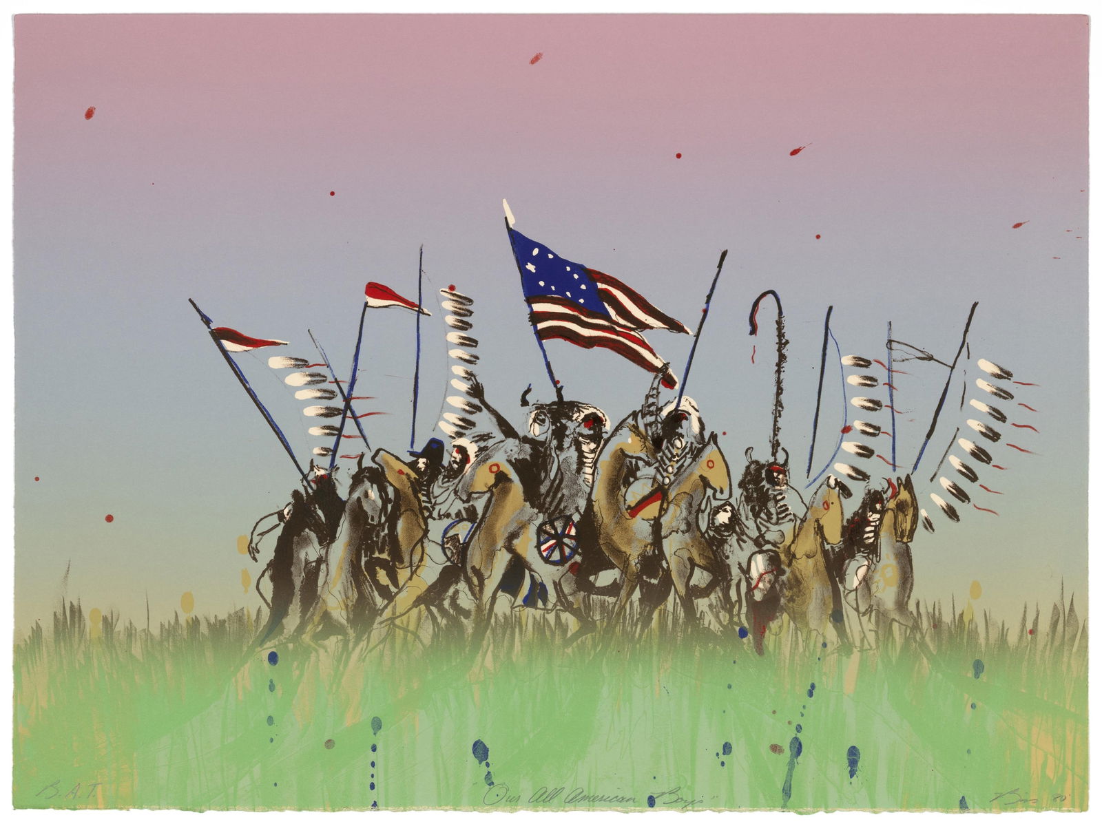 Earl Biss, Our All American Boys, 1980: Earl BissApsáalooke (Crow), 1947 - 1998Our All American Boys, 1980lithograph, Bon á Tirereditioned lower left: B.A.Ttitled lower center: "Our All American Boys"signed and dated lower right: Biss 80'