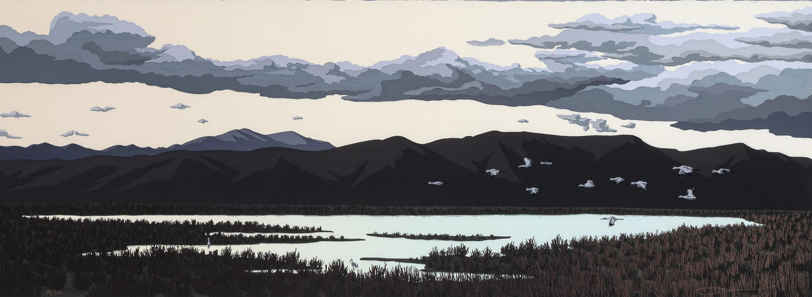 Doug West, First Gathering (Early Morning at the Bosque in New Mexico), 1996: Doug Westb. 1947First Gathering (Early Morning at the Bosque in New Mexico), 1996serigraph, edition 41 of 80editioned lower left: 41/80signed and dated lower right: Doug West © 11/9611 x 29 3/4 in. (