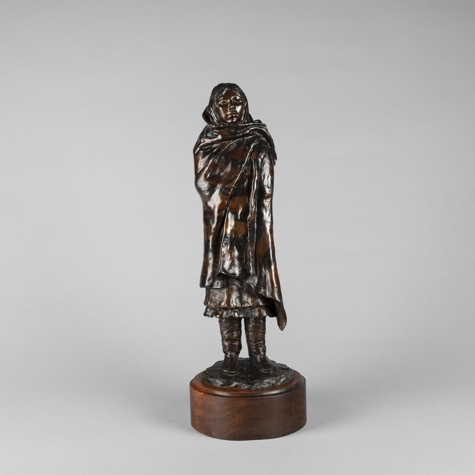 Glenna Maxey Goodacre, Untitled (Maiden in Blanket): Glenna Maxey Goodacre 1939 - 2020 Untitled (Maiden in Blanket) bronze, edition 12 of 15 inscribed: 12/15 / G. Goodacre / © 17 x 5 1/2 x 5 in. (43.2 x 14 x 12.7 cm.), with base: 19 3/4 x 6 3/8 x 6 3/8