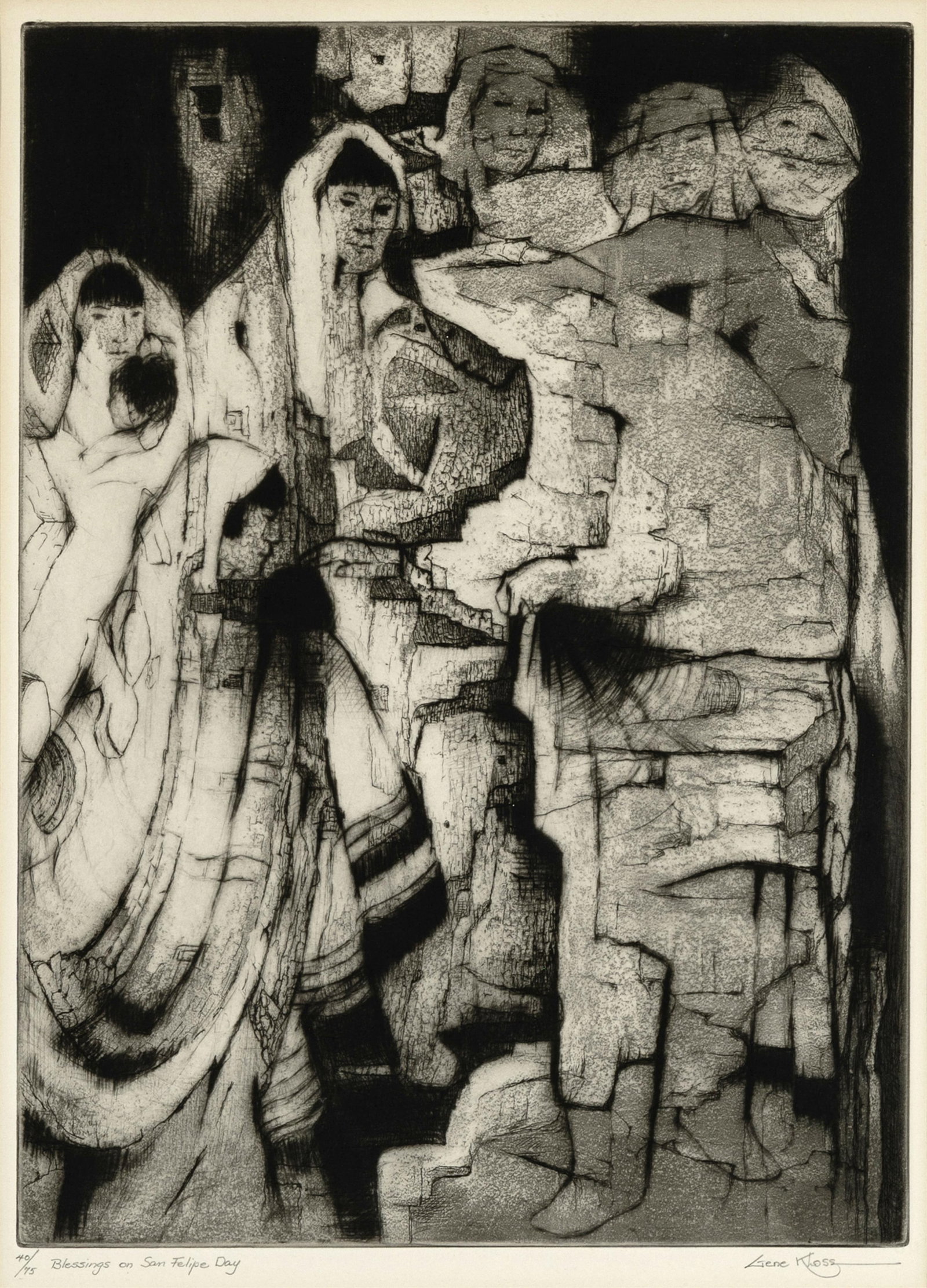 Gene Kloss, Blessings on San Felipe Day, 1975: Gene Kloss 1903 - 1996 Blessings on San Felipe Day, 1975 etching, edition 40 of 75 editioned and titled lower left: 40/75 Blessings on San Felipe Day signed lower right: Gene KLoss 17 3/4 x 13 in.