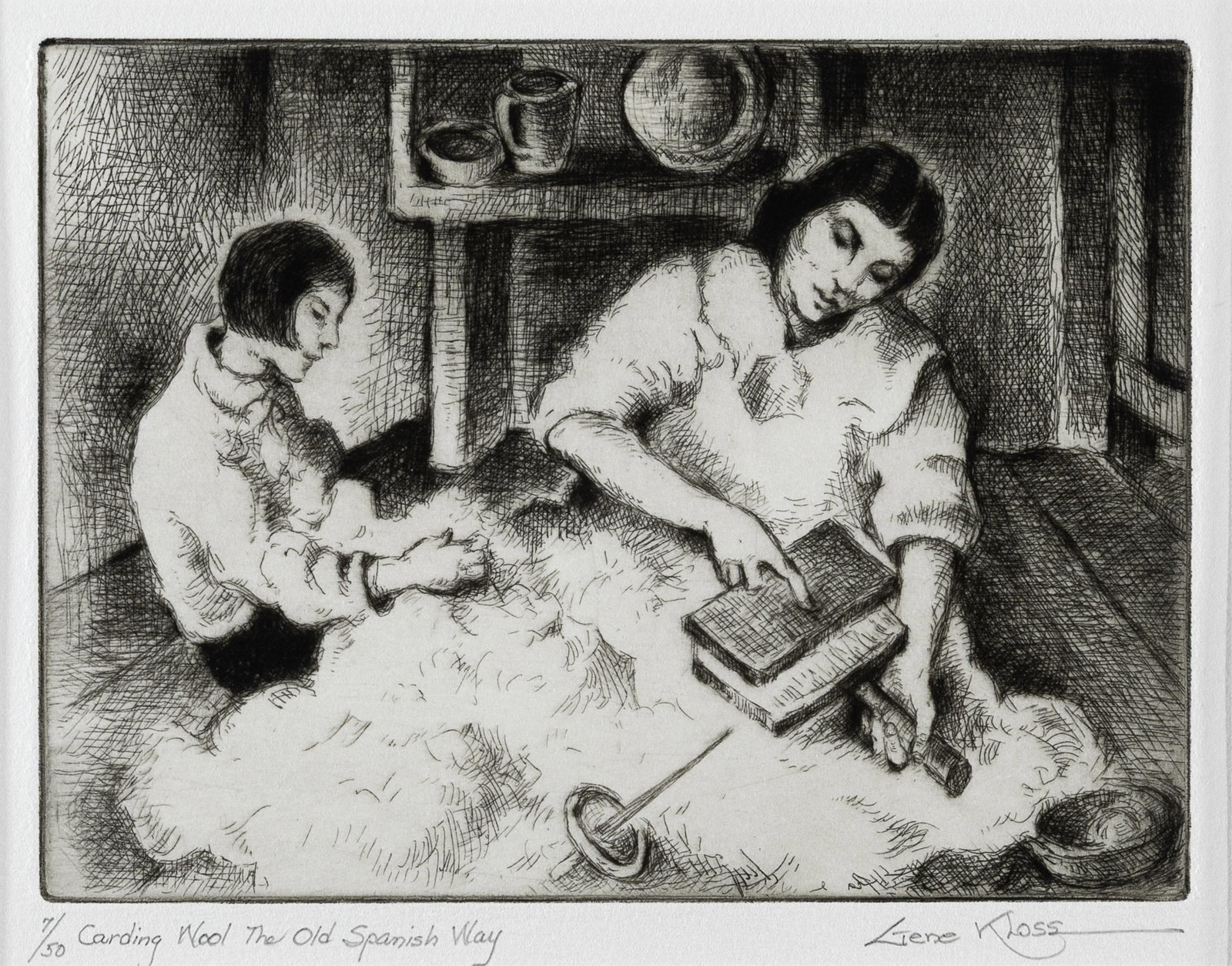 Gene Kloss, Carding Wool the Old Spanish Way, 1985: Gene Kloss 1903 - 1996 Carding Wool the Old Spanish Way, 1985 etching, drypoint, edition 7 of 50 editioned and titled lower left: 7/50 Carding Wool The Old Spanish Way signed lower right: Gene KLoss