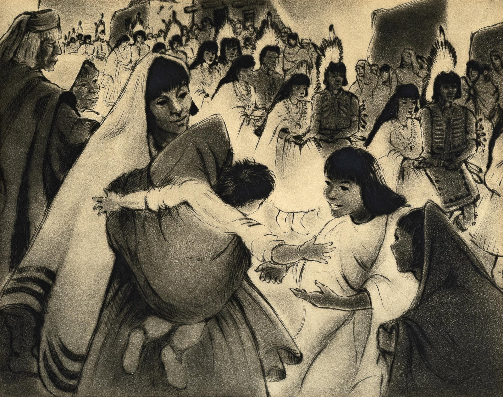 Gene Kloss, Dance at Domingo, 1955: Gene Kloss 1903 - 1996 Dance at Domingo, 1955 drypoint, aquatint, edition of 40 10 1/2 x 13 3/8 in. (26.7 x 34 cm.), sheet: 14.5 x 17.5 in. (36.8 x 44.5 cm.), frame: 17 x 20 x 3/4 in. (43.2 x 50.8 x