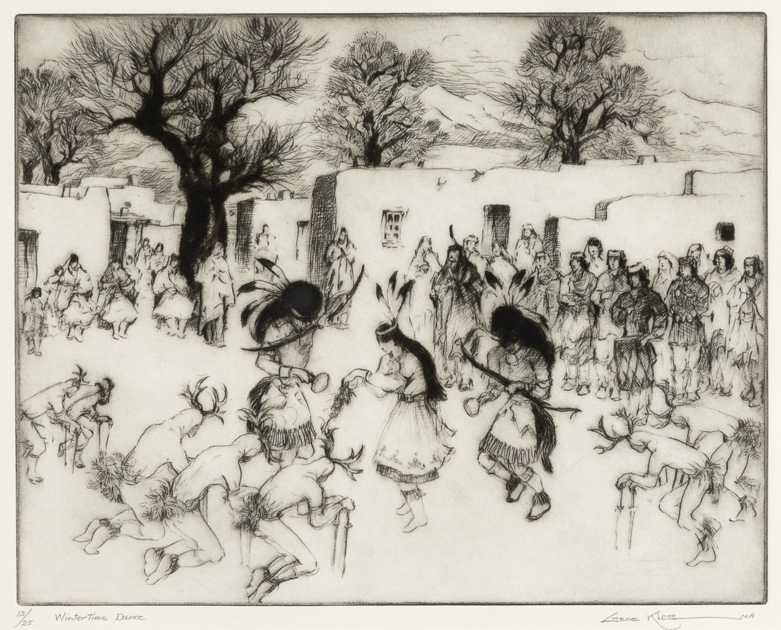 Gene Kloss, Wintertime Dance, 1978: Gene Kloss 1903 - 1996 Wintertime Dance, 1978 etching, edition 13 of 25 editioned and titled lower left: 13/25 Wintertime Dance signed lower right: Gene KLoss N.A. 11 x 13 7/8 in. (27.9 x 35.1 cm.),