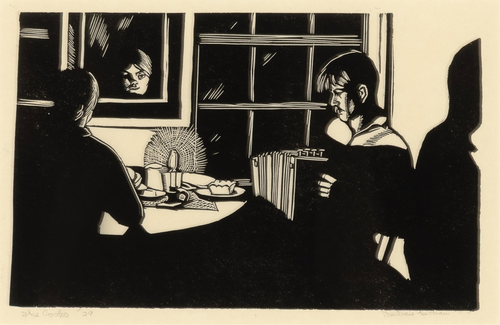 Barbara Latham, The Cooks, 1929: Barbara Latham 1896 - 1989 The Cooks, 1929 woodcut, artist's proof titled and dated lower left: The Cooks '29 signed lower right: Barbara Latham 6 1/4 x 9 7/8 in. (15.9 x 25.1 cm.), frame: 16 1/4 x