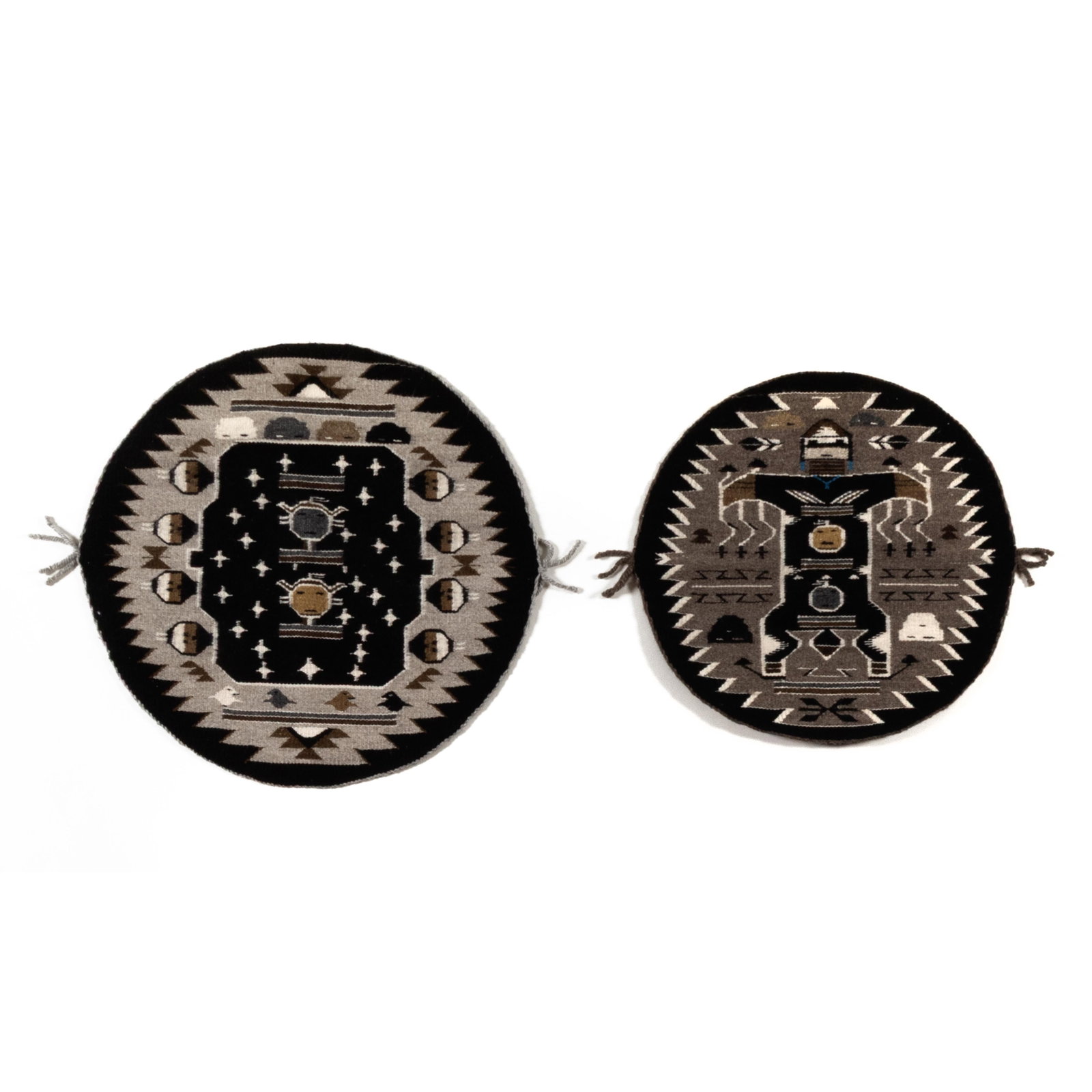 Mary H. Yazzie, Pair of Round Two Grey Hills Rugs: Big Thunder + Night Sky: Mary H. Yazzie Diné (Navajo), 1950 - 2020 Pair of Round Two Grey Hills Rugs: Big Thunder + Night Sky wool, natural colors Big Thunder diameter: 20 in. (50.8 cm.), Night Sky diameter: 23 1/2 in.