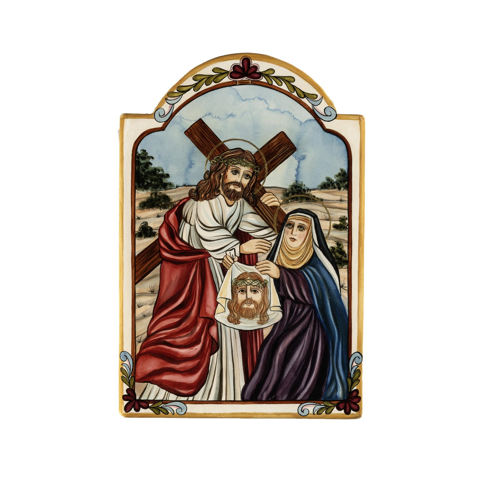 Arlene Cisneros Sena, Santa Veronica & Jesús, 2007: Arlene Cisneros Sena New Mexico, b. 1952 Santa Veronica & Jesús, 2007 carved and painted wood with homemade gesso, piñon varnish, 23k gold leaf inscribed verso: Santa Veronica / (July 12) / Veronica