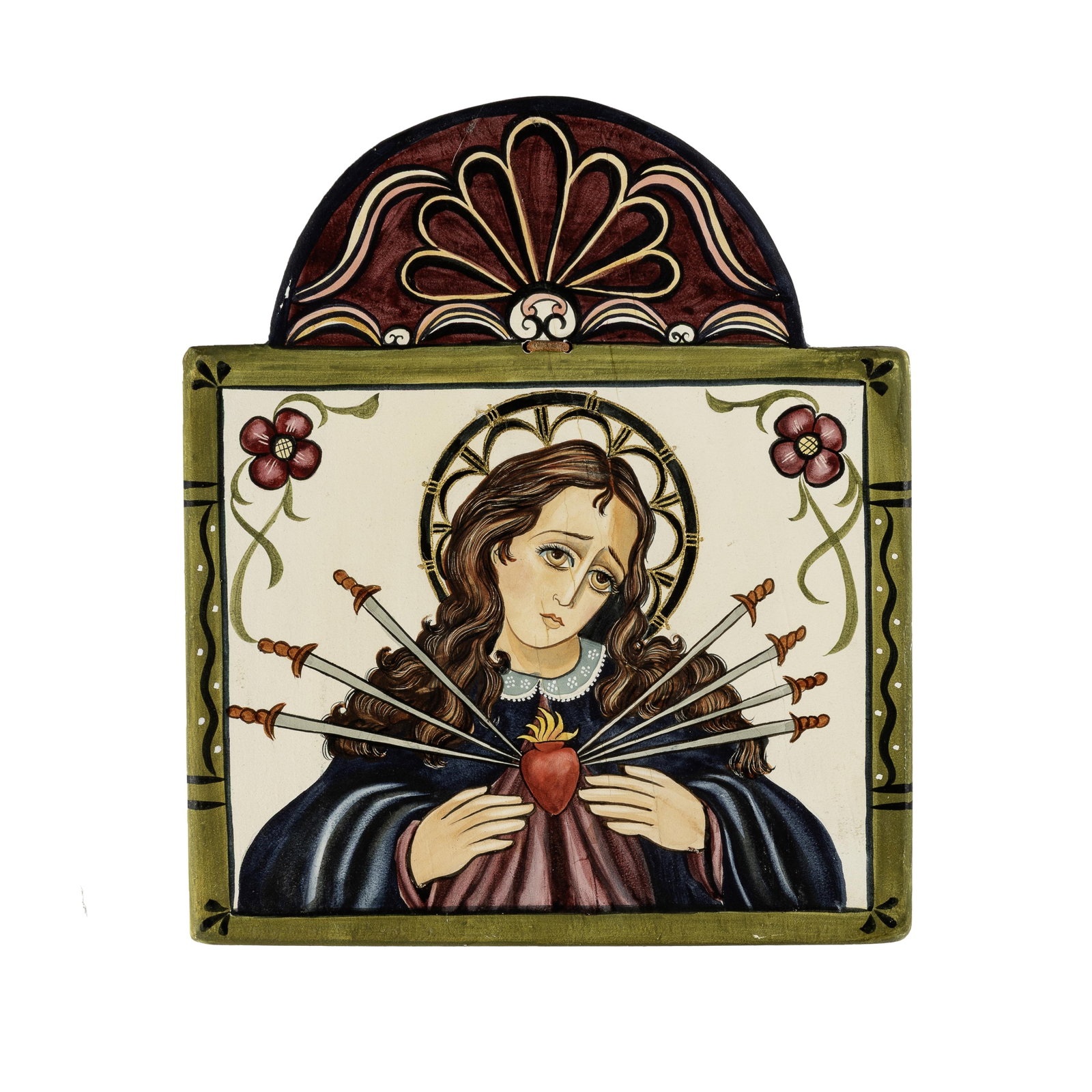 Sandra Cisneros Sena, Nuestra Señora de los Dolores, 2000: Sandra Cisneros Sena New Mexico, 20th/21st Century Nuestra Señora de los Dolores, 2000 carved and painted wood with homemade gesso, piñon varnish, 23k gold leaf inscribed verso: Nuestra Senora de lo