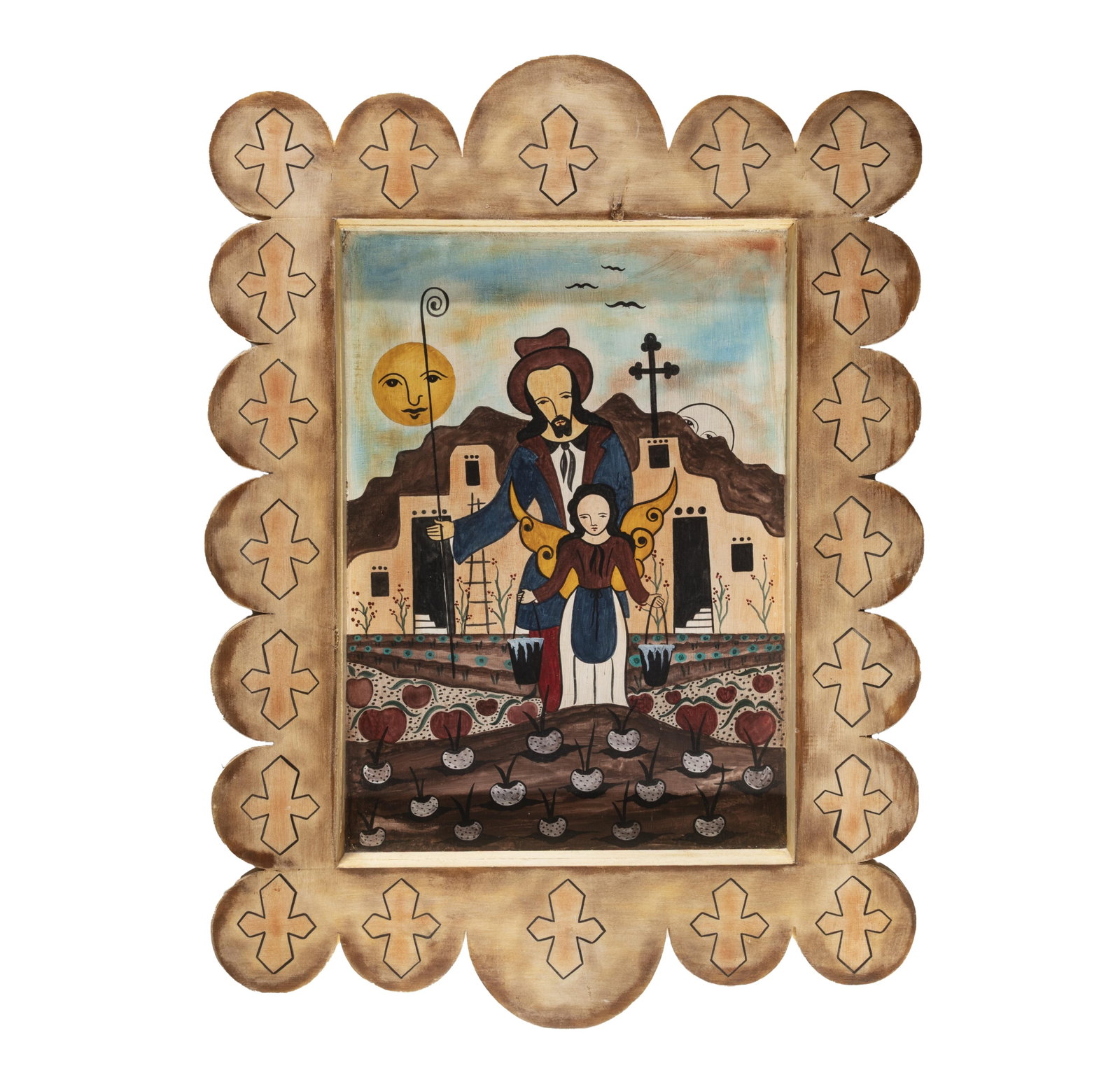 Fernando Bimonte, San Isidro Labrador, ca. 1995: Fernando Bimonte Uruguay/New Mexico, 1955 - 2013 San Isidro Labrador, ca. 1995 carved and painted wood inscribed verso: "San ISIDRO LABRADOR" / F. BiMONTE Folk Art 21 x 14 7/8 in. (53.3 x 37.8 cm.), f
