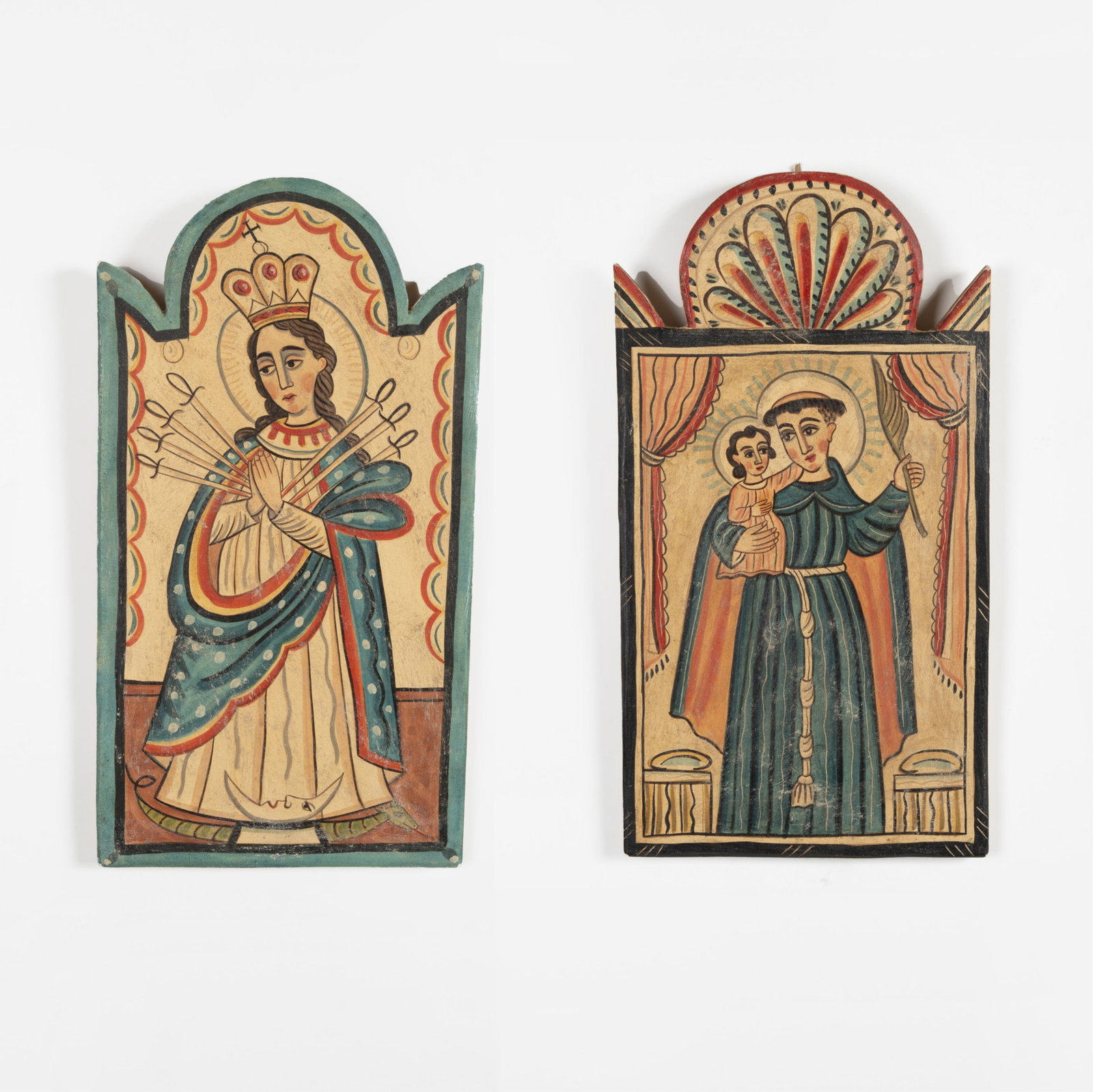 Alcario Otero, Two Retablos, 2013: Lady of Sorrows + Saint Anthony: Alcario Otero New Mexico, b. 1951 Two Retablos, 2013: Lady of Sorrows + Saint Anthony carved and painted wood Lady of Sorrows inscribed verso: Lady of Sorrows / By / Alcario / Otero / 2013 13 3/8 x 7 