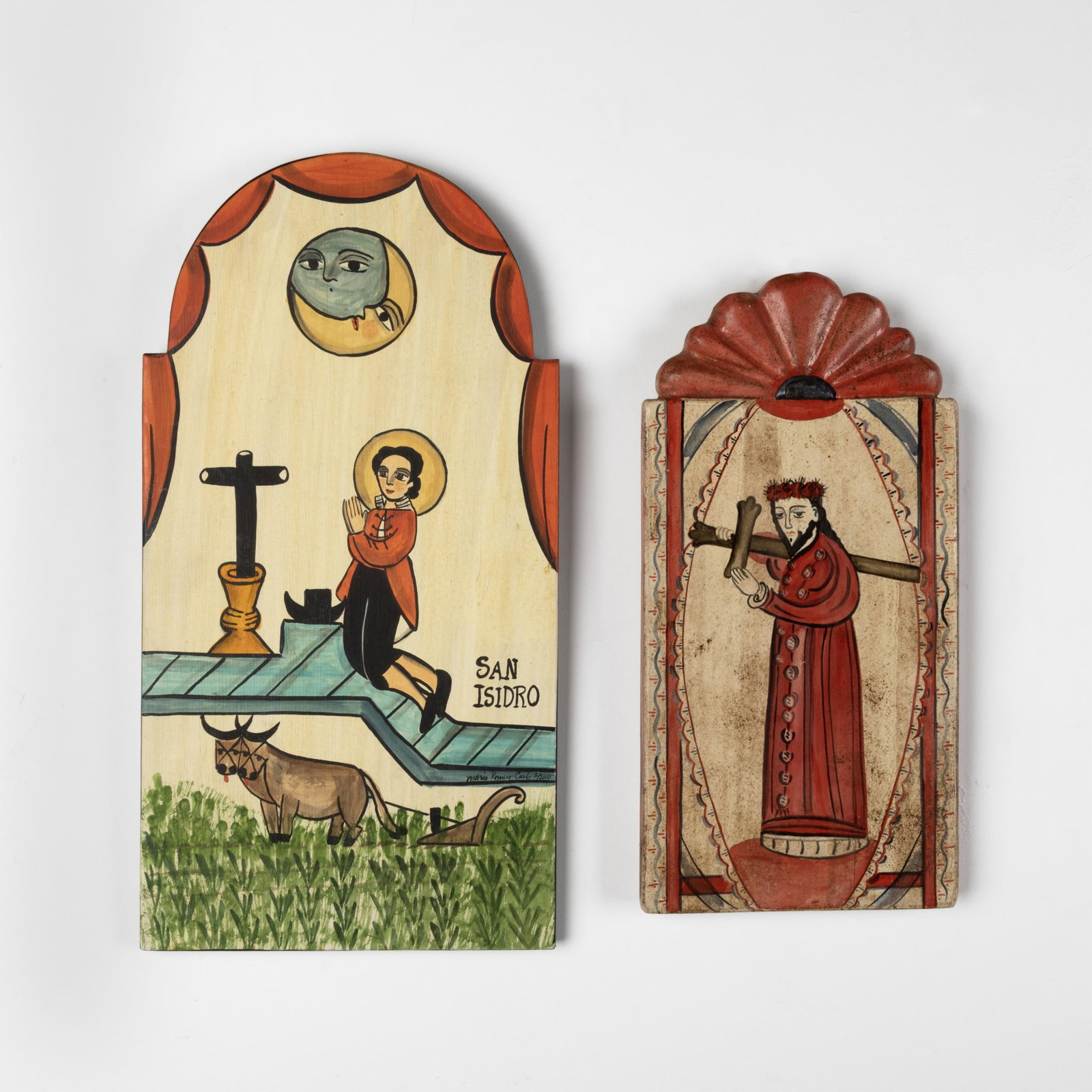 Marie Romero Cash + Bernadette Pino, Two Retablos: San Isidro, 2000 + Nuestra Padre Jesús Nazareno,: Marie Romero Cash + Bernadette Pino New Mexico, b. 1942 + 20th Century Two Retablos: San Isidro, 2000 + Nuestra Padre Jesús Nazareno, 2002 carved and painted wood Marie Romero Cash New Mexico, b. 194