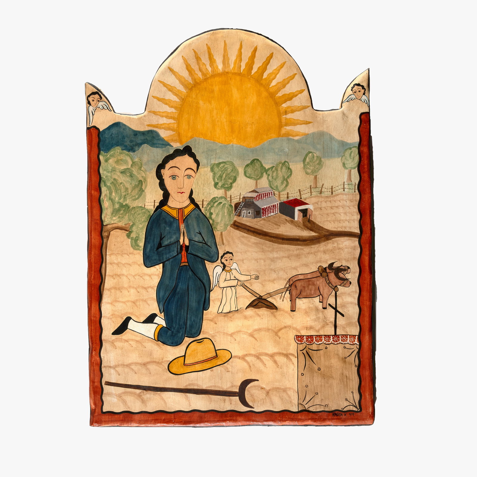David Nabor Lucero, San Isidro Labrador, 1994: David Nabor Lucero New Mexico, 20th Century San Isidro Labrador, 1994 carved and painted wood signed and dated lower right: NABOR K. 94 inscribed verso: San Isidro / Patron saint of farmers and gardne