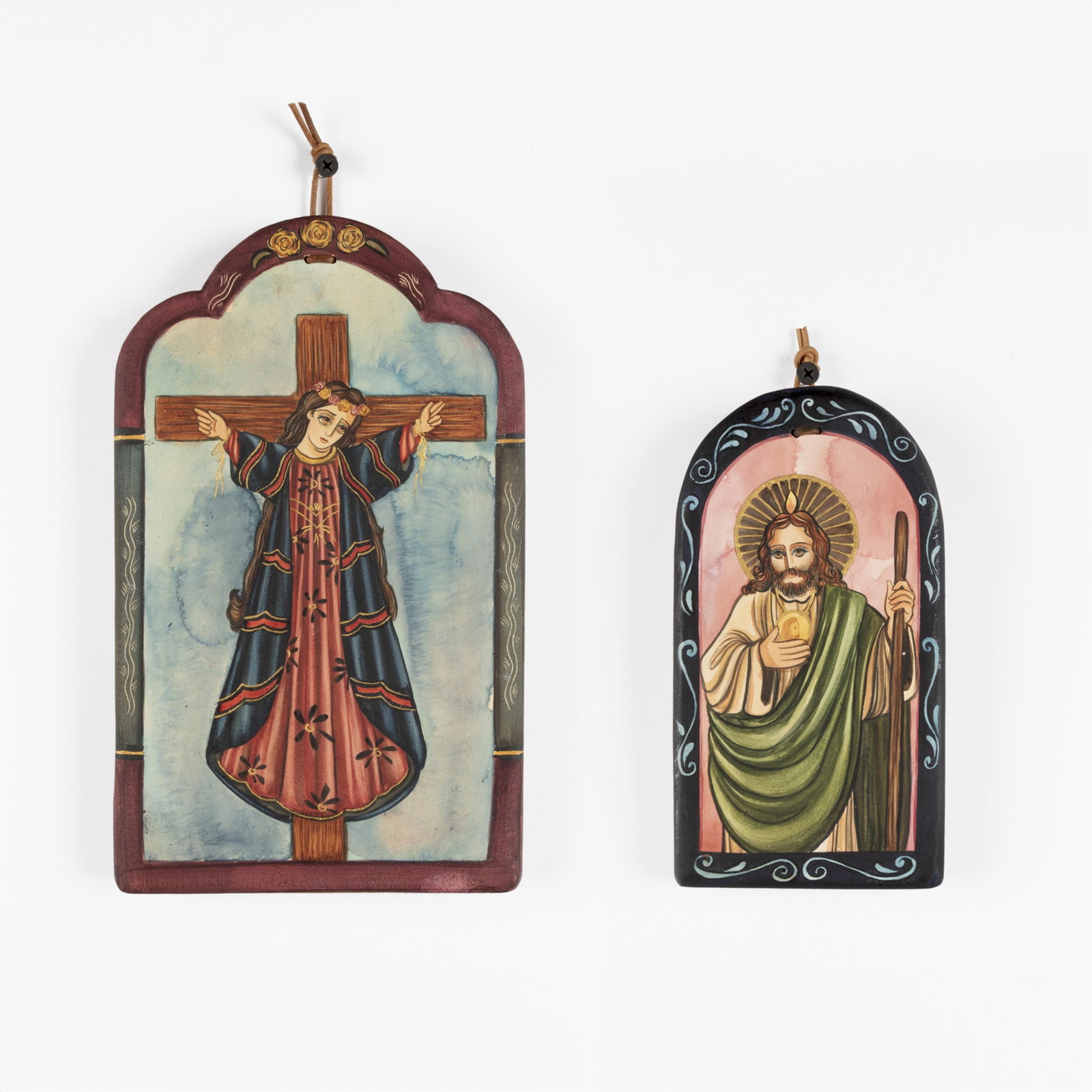 Arlene Cisneros Sena, Two Retablos: Santa Librada, 1999 + San Judas, 2005: Arlene Cisneros Sena New Mexico, b. 1952 Two Retablos: Santa Librada, 1999 + San Judas, 2005 carved and painted wood with homemade gesso, piñon varnish, 23k gold leaf Santa Librada, 1999 inscribed ve