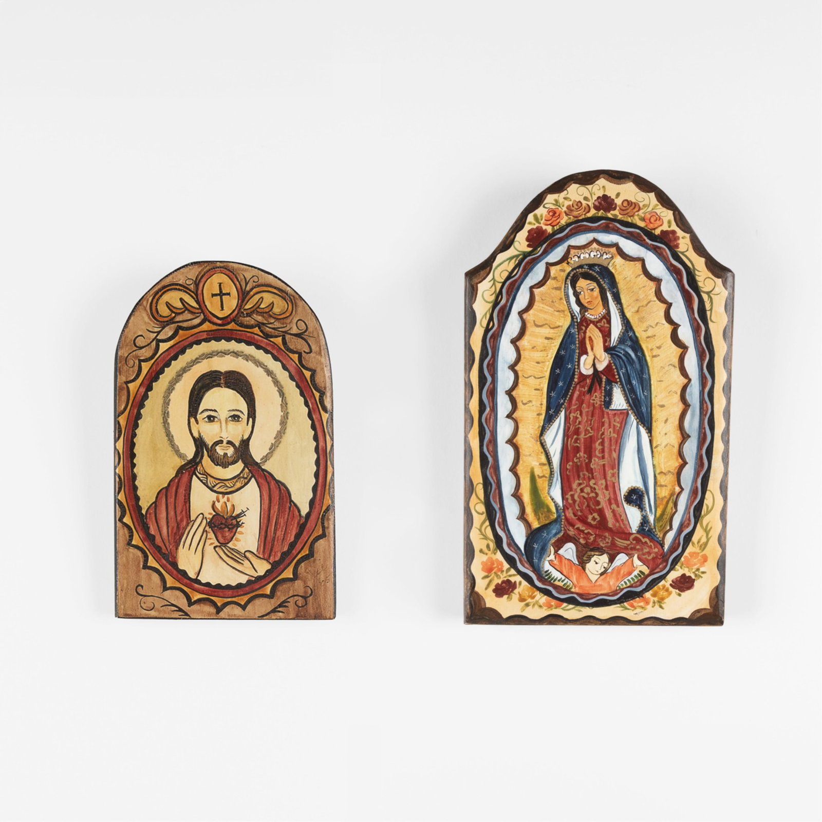 Lorrie Garcia, Two Retablos, 2005: Sagrado Corazón de Jesús + Virgen de Guadalupe: Lorrie Garcia New Mexico, 20th/21st Century Two Retablos, 2005: Sagrado Corazón de Jesús + Virgen de Guadalupe carved and painted wood Sagrado Corazón de Jesús, 2005 inscribed verso: "Sagrado Cora