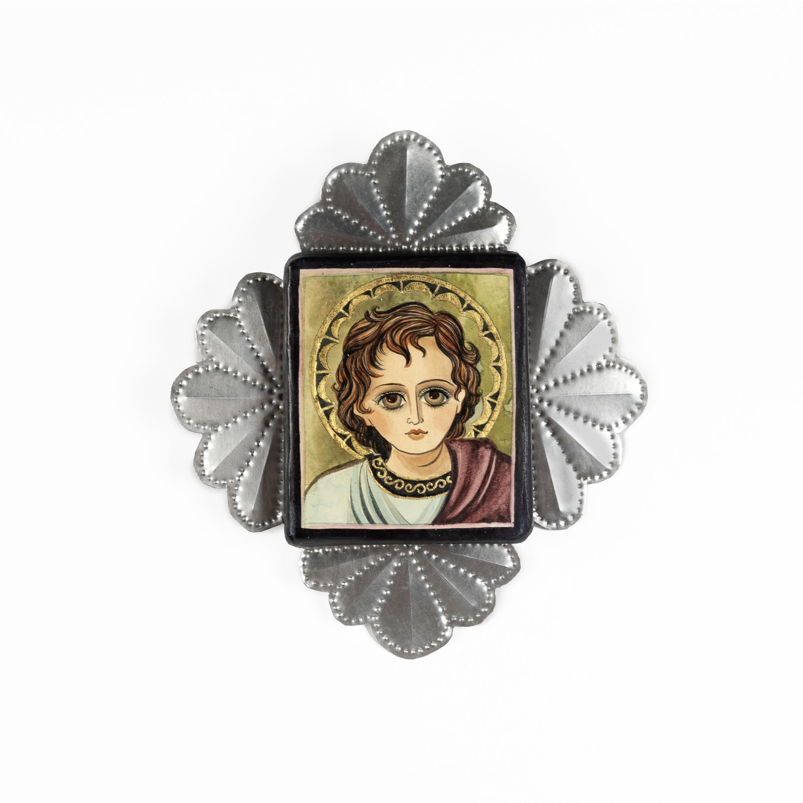 Arlene Cisneros + Richard Sena, Niño Jesus, 2002: Arlene Cisneros + Richard Sena New Mexico, 20th Century Niño Jesus, 2002 carved and painted wood, gold leaf, stamped tin inscribed verso: Niño Jesus / Arlene Cisneros Sena / Tin Frame by Richard / S