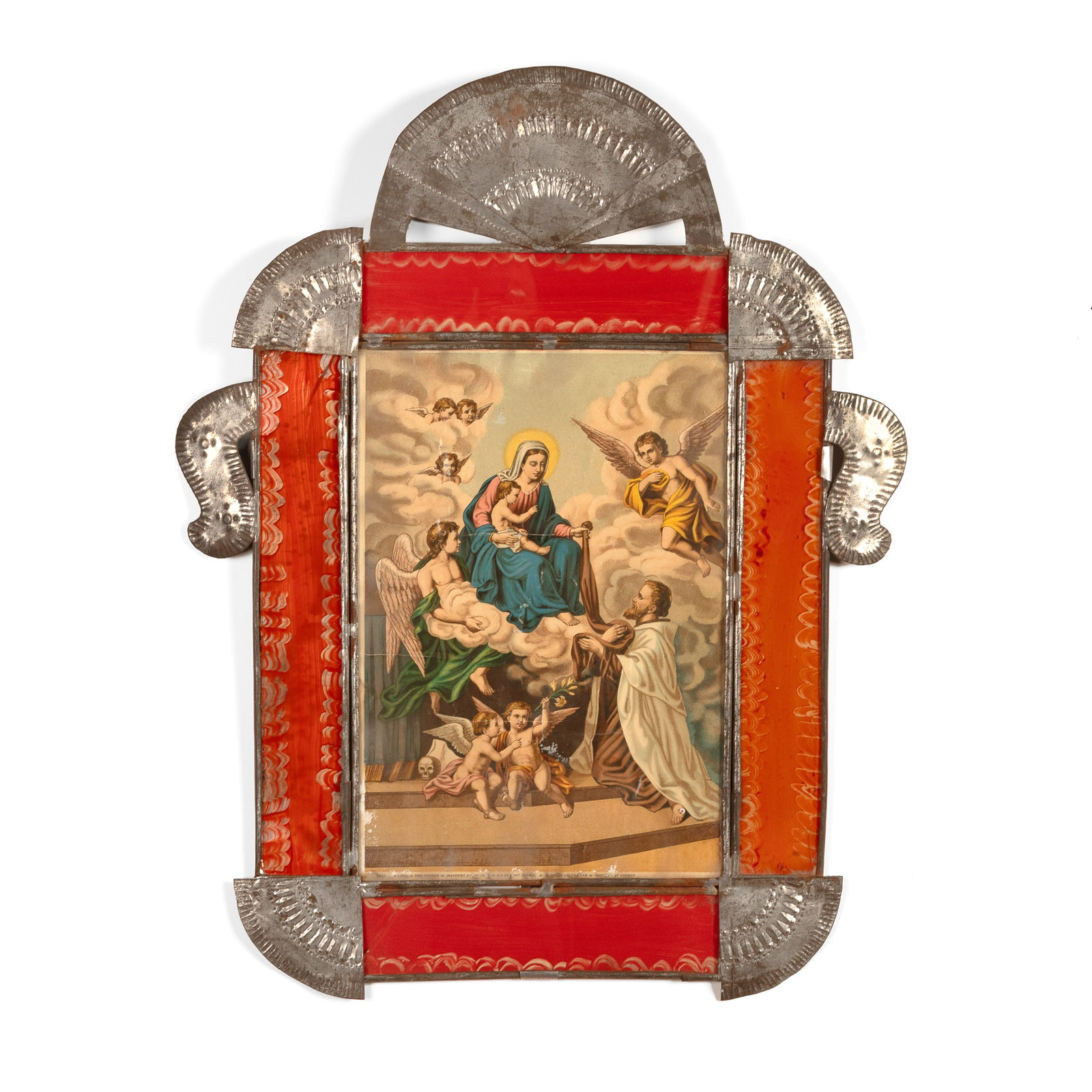 New Mexico, Devotional Print in Large Tin and Reverse Painted Glass Frame, ca. 1900 (1 of 2)