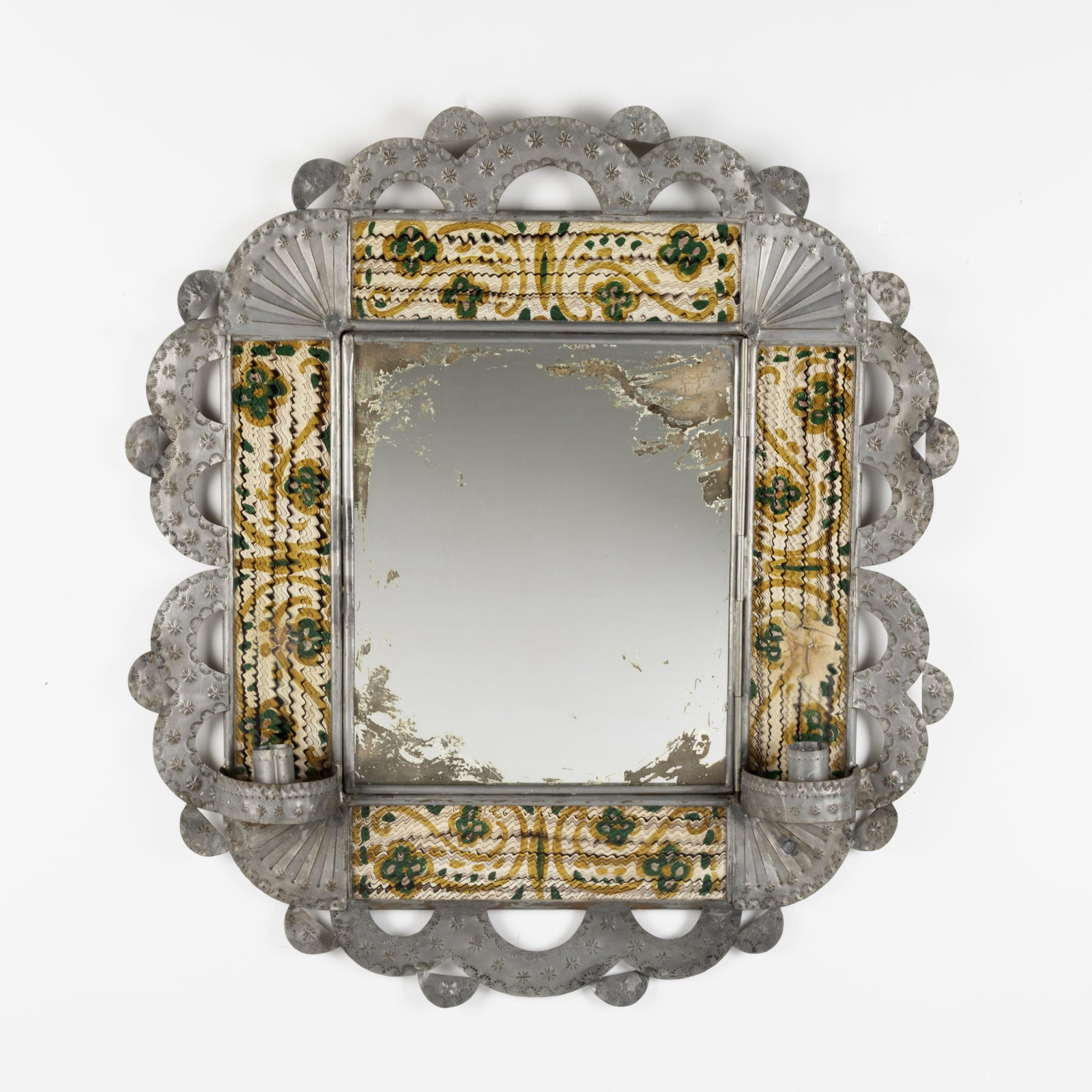 New Mexico, Tin Frame Mirror with Sconces and La Mesilla-Style Reverse Painted Glass, ca. 1925 (1 of 2)