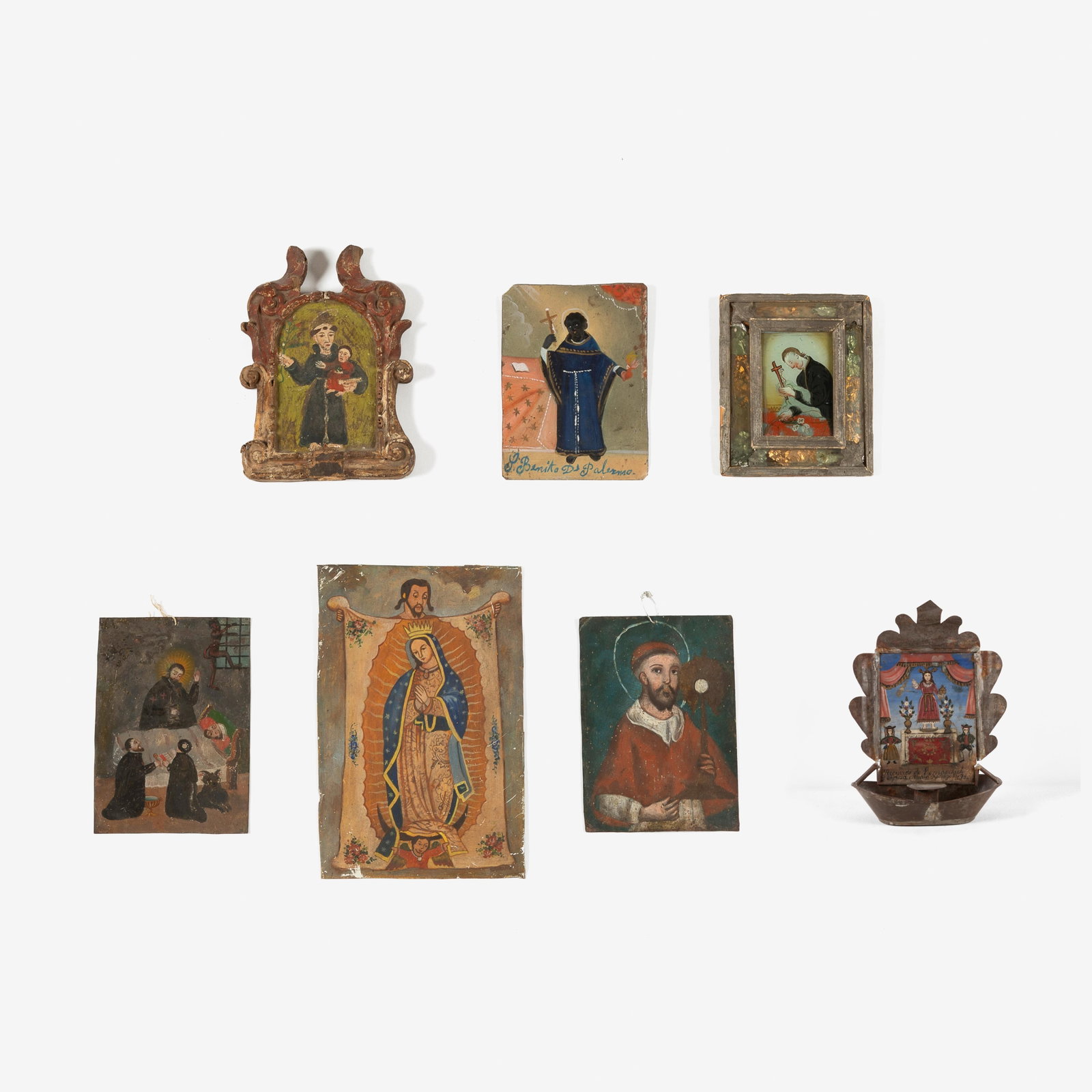 Group of Six Ex Votos + Holy Water Vessel: Group of Six Ex Votos + Holy Water Vessel tin, painted tin, carved and painted wood smallest: 6 x 5 x 1/2 in. (15.2 x 12.7 x 1.3 cm.), largest: 10 1/4 x 6 5/8 in. (26 x 16.8 cm.), vessel: 10 x 6 3/4 x